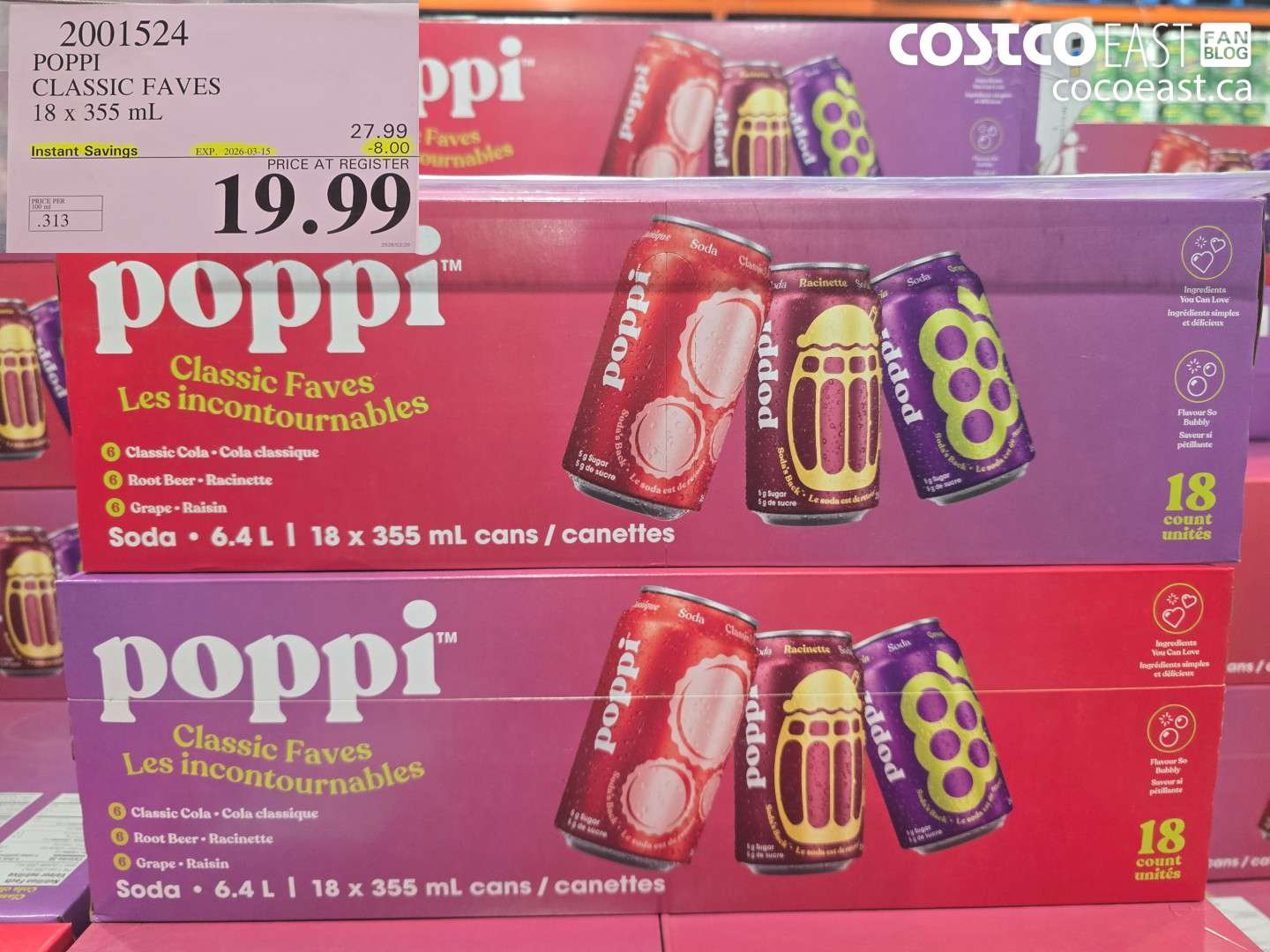 2001524 POPPI CLASSIC FAVES 18 x 355 mL ($8.00 INSTANT SAVINGS EXPIRES ON 2026-03-15) $19.99