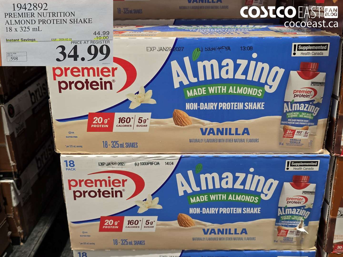 1942892 PREMIER NUTRITION ALMOND PROTEIN SHAKE 18 x 325 mL ($10.00 INSTANT SAVINGS EXPIRES ON 2026-02-19) $34.99