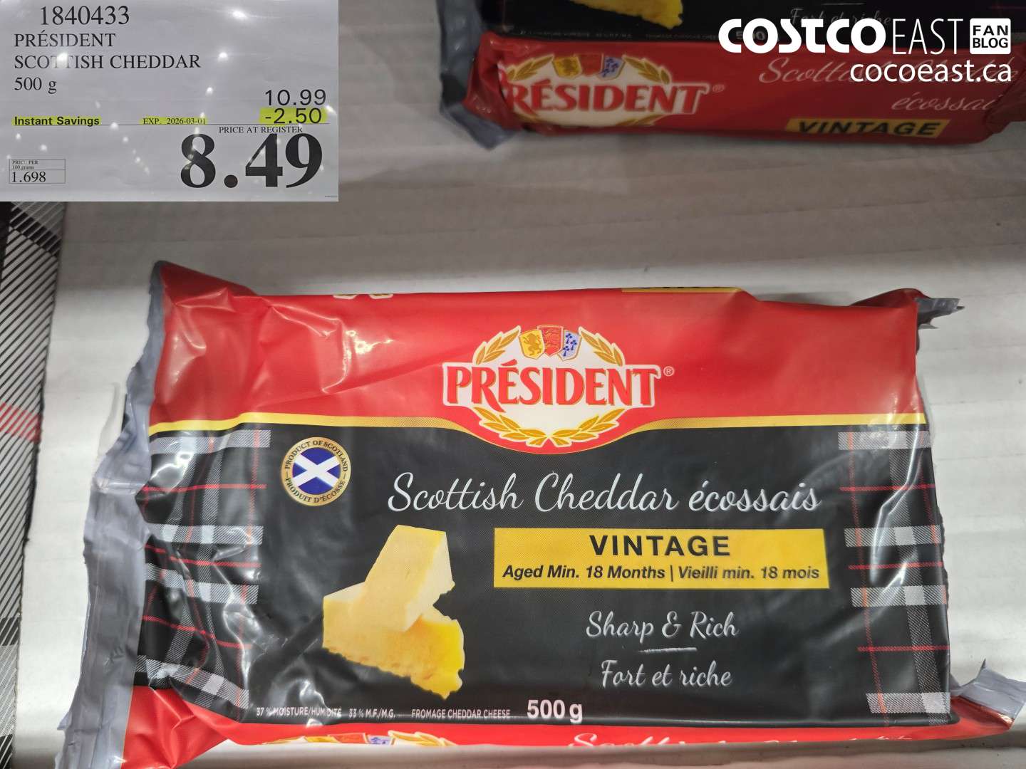 1840433 PRÉSIDENT SCOTTISH CHEDDAR 500 G ($2.50 INSTANT SAVINGS EXPIRES ON 2026-03-01) $8.49