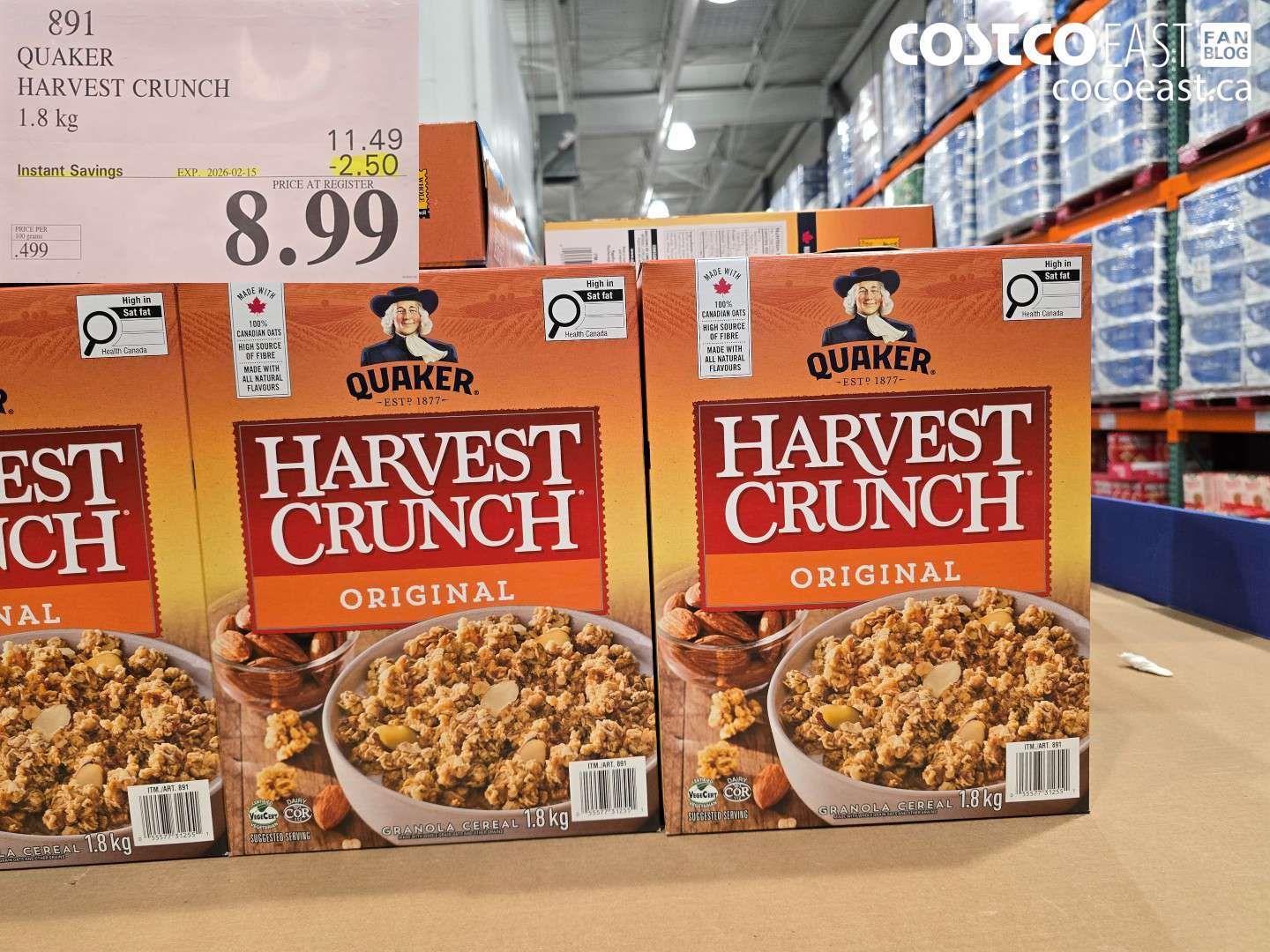 891 QUAKER HARVEST CRUNCH 1.8 kg ($2.50 INSTANT SAVINGS EXPIRES ON 2026-02-15) $8.99