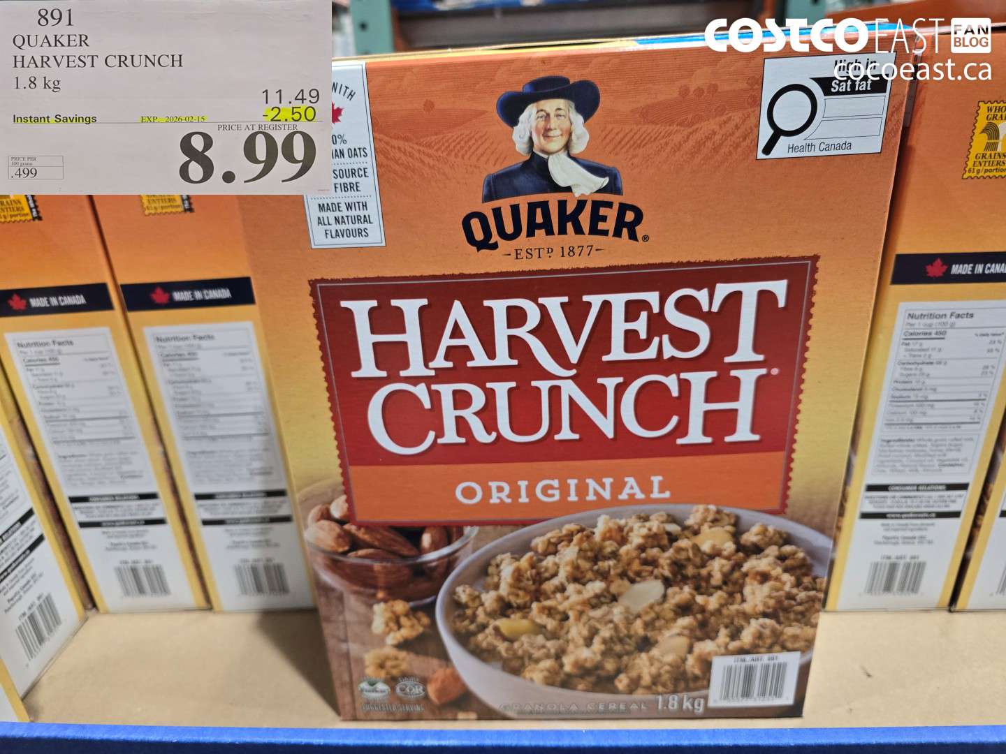 891 QUAKER HARVEST CRUNCH 1.8 kg  ($2.50 INSTANT SAVINGS EXPIRES ON 2026-02-15) $8.99