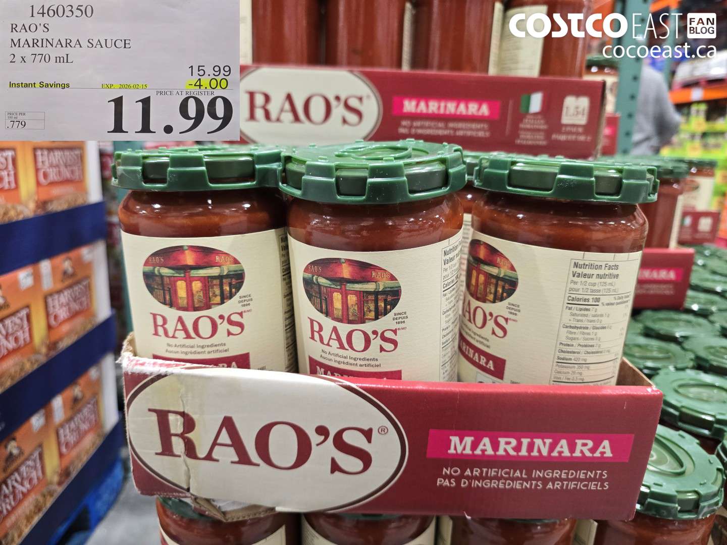 1460350 RAO'S MARINARA SAUCE 2 x 770 mL ($4.00 INSTANT SAVINGS EXPIRES ON 2026-02-15) $11.99