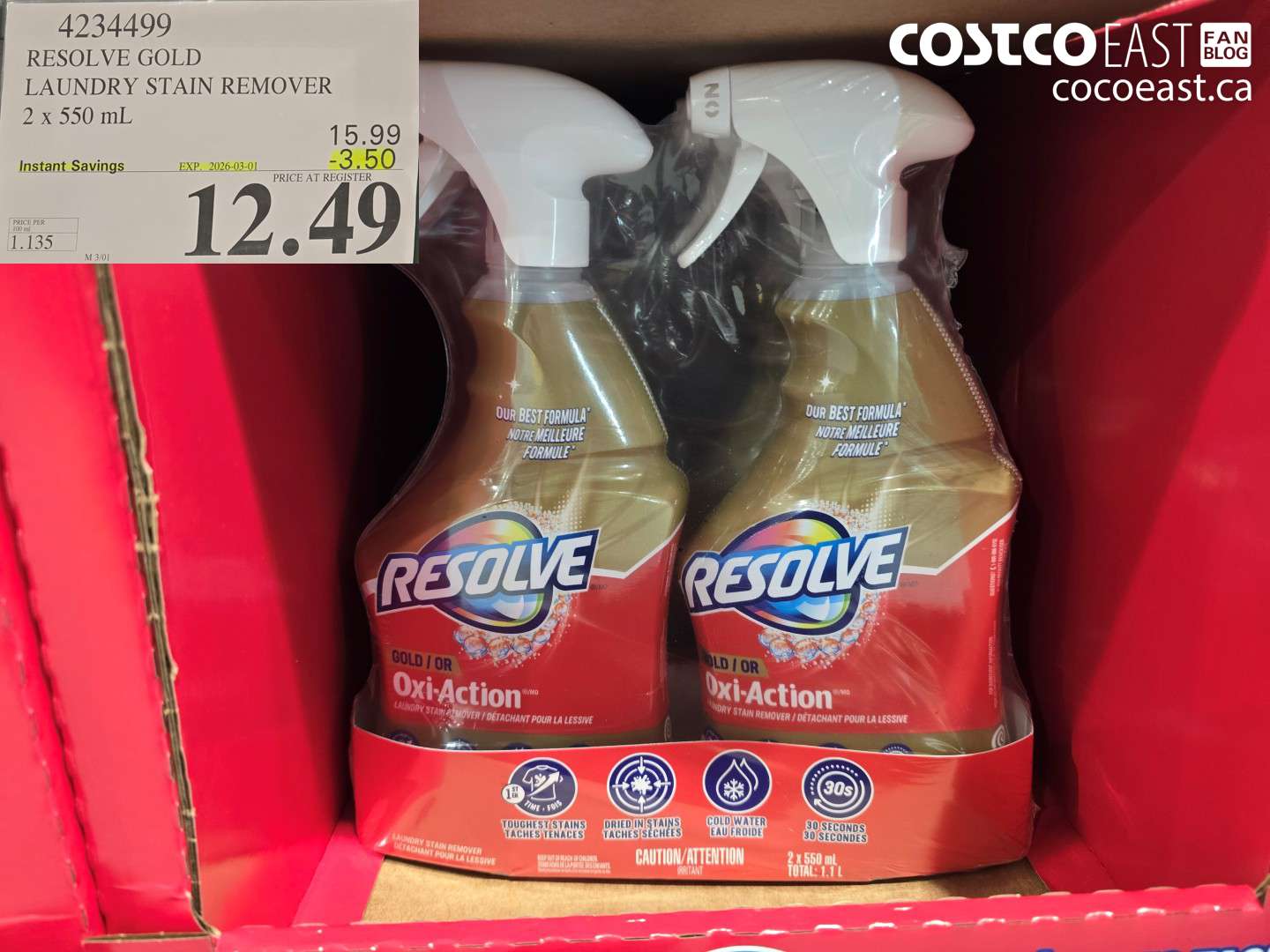 4234499 RESOLVE GOLD LAUNDRY STAIN REMOVER 2 X 550 ML ($3.50 INSTANT SAVINGS EXPIRES ON 2026-03-01) $12.49