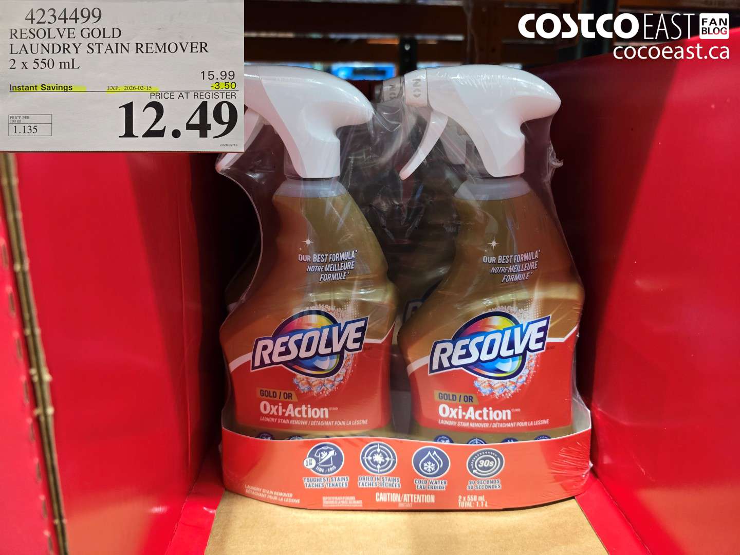 4234499 RESOLVE GOLD LAUNDRY STAIN REMOVER 2 x 550 ml ($3.50 INSTANT SAVINGS EXPIRES ON 2026-02-15) $12.49