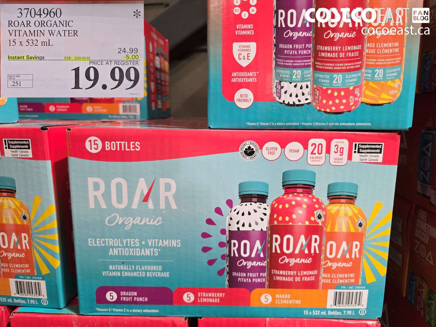 3704960 ROAR ORGANIC VITAMIN WATER 15 x 532 mL ($5.00 INSTANT SAVINGS EXPIRES ON 2026-03-01) $19.99