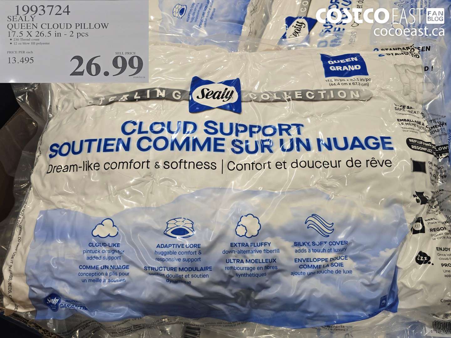 1993724 SEALY QUEEN CLOUD PILLOW 17.5 X 26.5 in - 2 pcs $26.99