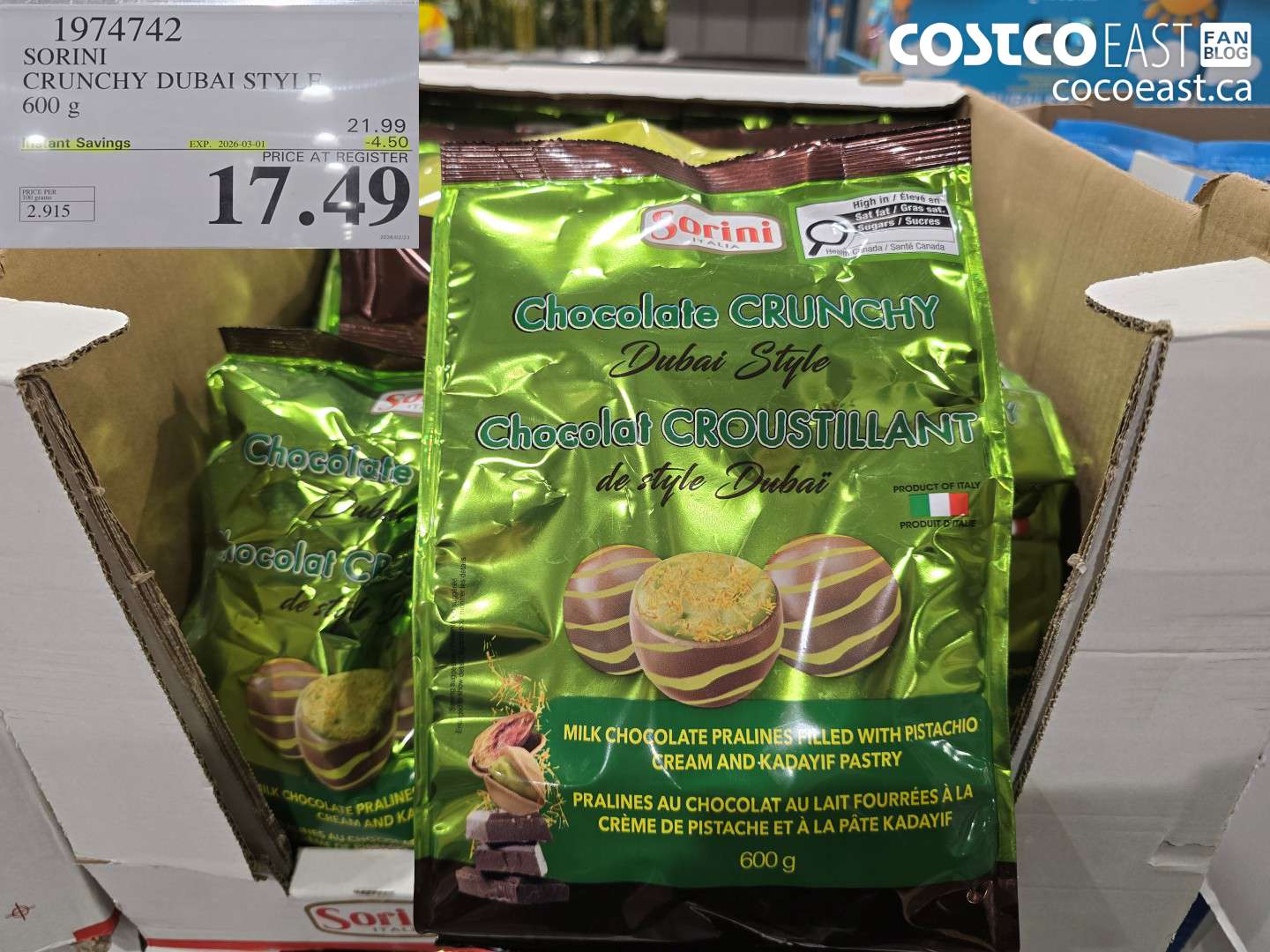 1974742 SORINI CRUNCHY DUBAI STYLE 600 G ($4.50 INSTANT SAVINGS EXPIRES ON 2026-03-01) $17.49