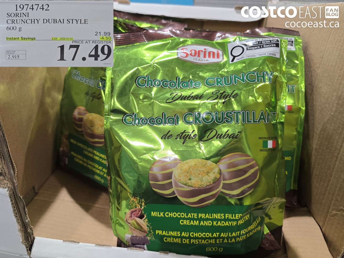 1974742 SORINI CRUNCHY DUBAI STYLE 600 G ($4.50 INSTANT SAVINGS EXPIRES ON 2026-03-01) $17.49