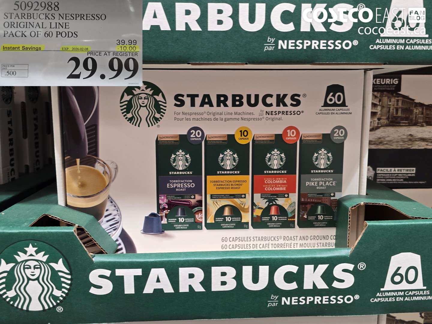 5092988 STARBUCKS NESPRESSO ORIGINAL LINE PACK OF 60 PODS ($10.00 INSTANT SAVINGS EXPIRES ON 2026-02-08) $29.99