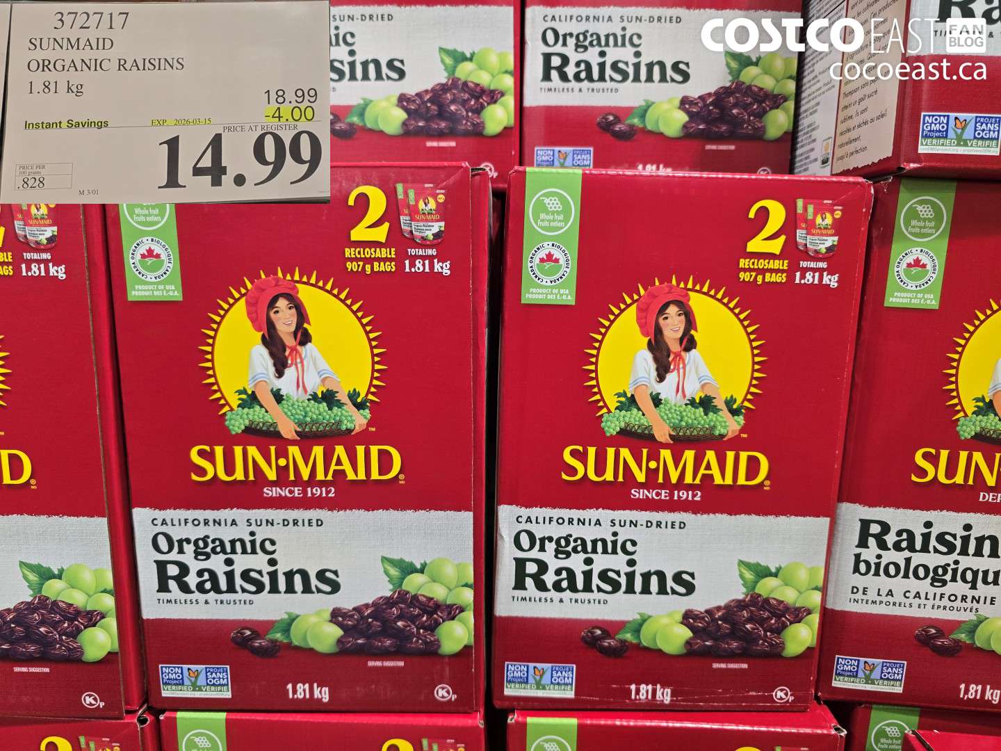 372717 SUNMAID ORGANIC RAISINS 1.81 KG ($4.00 INSTANT SAVINGS EXPIRES ON 2026-03-15) $14.99
