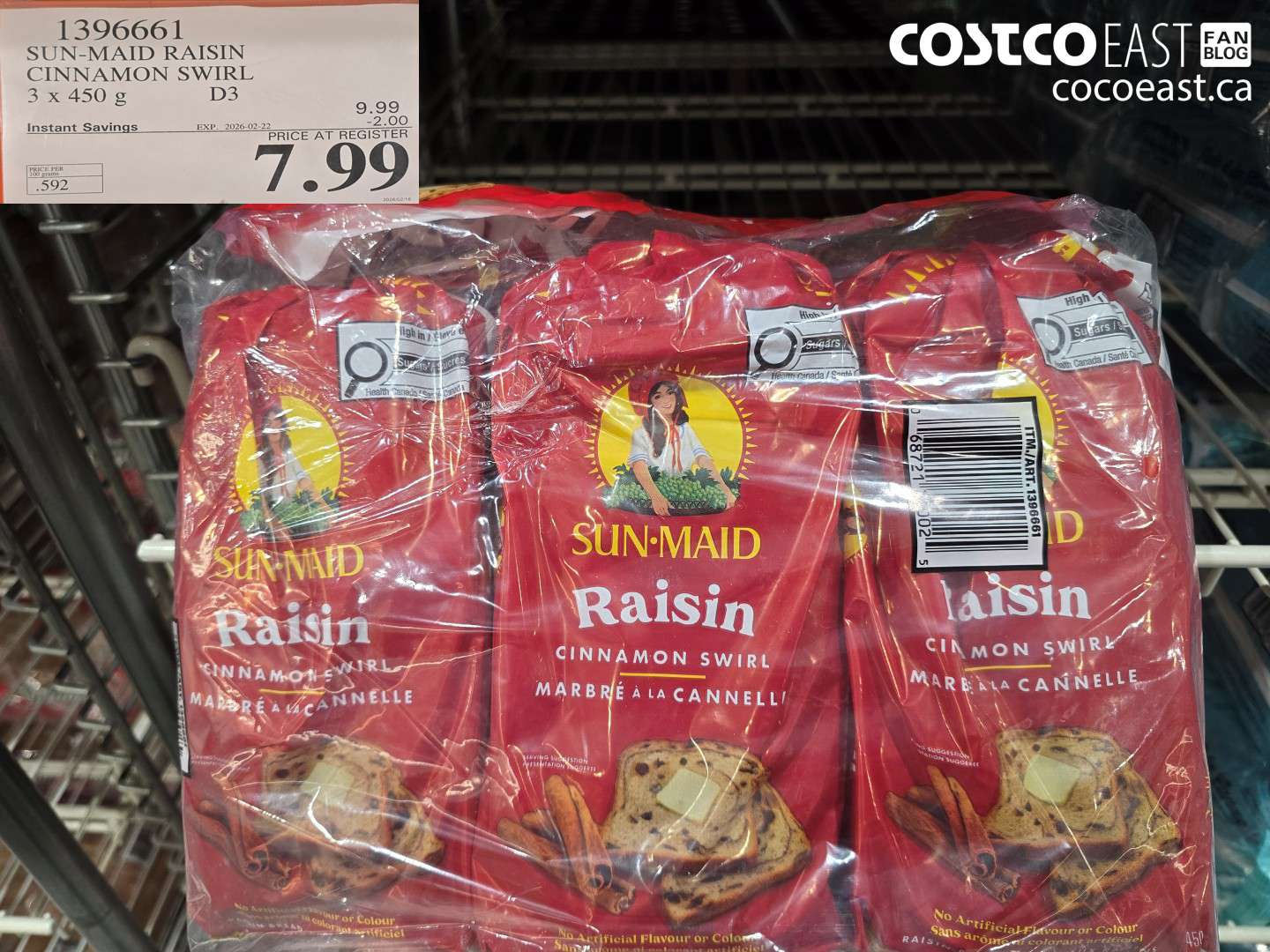 1396661 SUN-MAID RAISIN CINNAMON SWIRL 3 x 450 g ($2.00 INSTANT SAVINGS EXPIRES ON 2026-02-22) $7.99