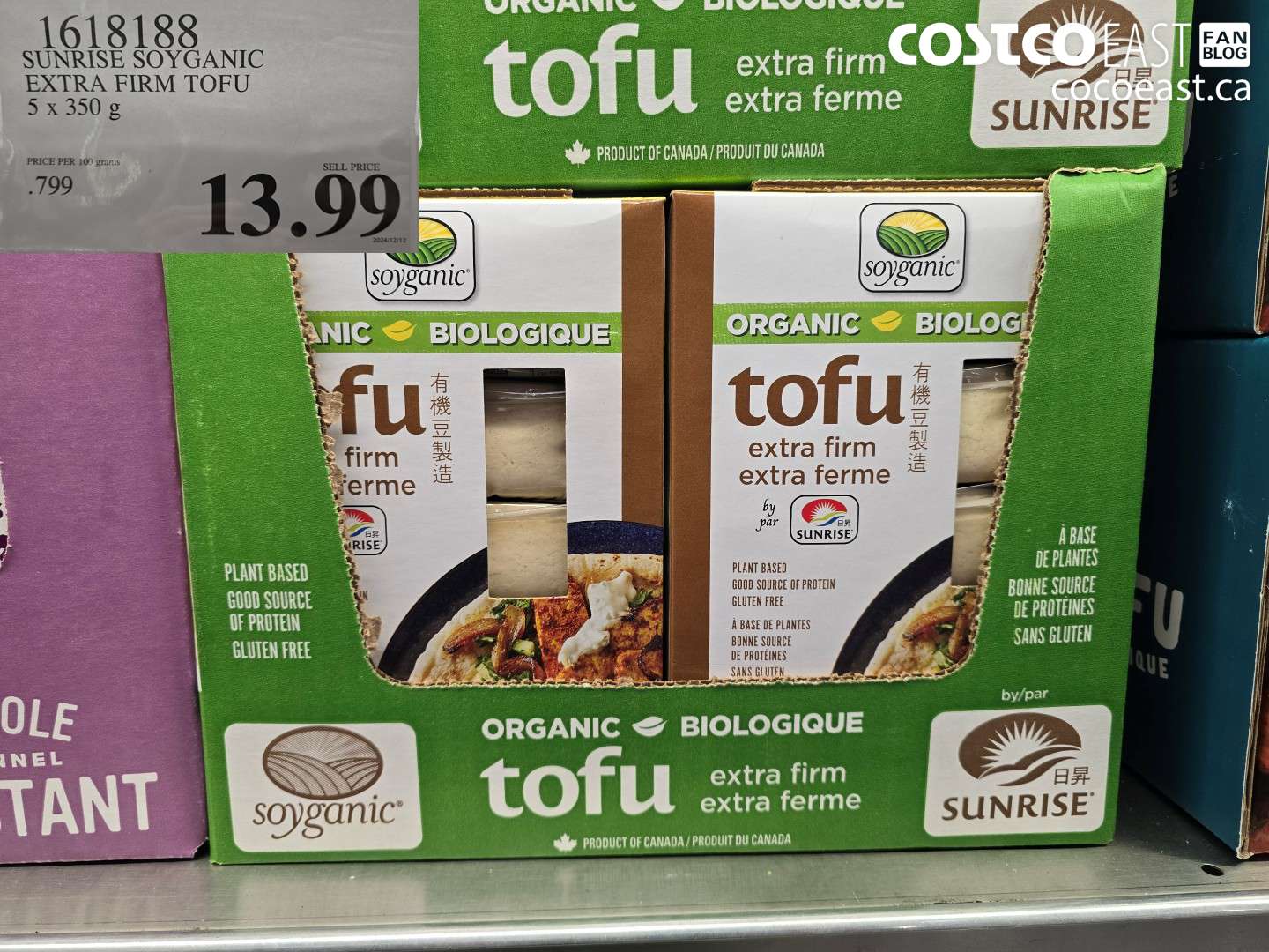 1618188 SUNRISE SOYGANIC EXTRA FIRM TOFU 5 X 350 G $13.99