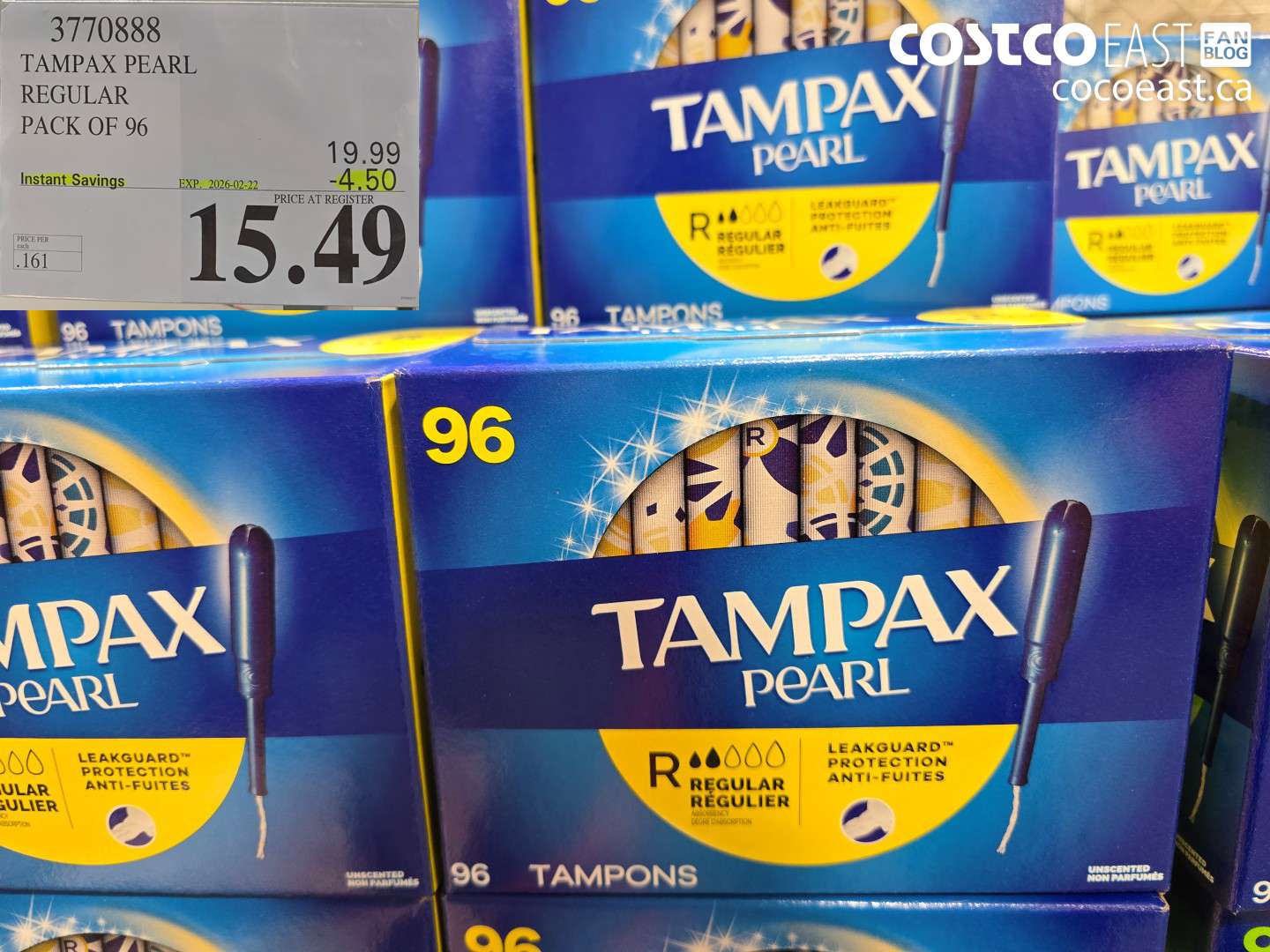3770888 TAMPAX PEARL REGULAR PACK OF 96 ($4.50 INSTANT SAVINGS EXPIRES ON 2026-02-22) $15.49