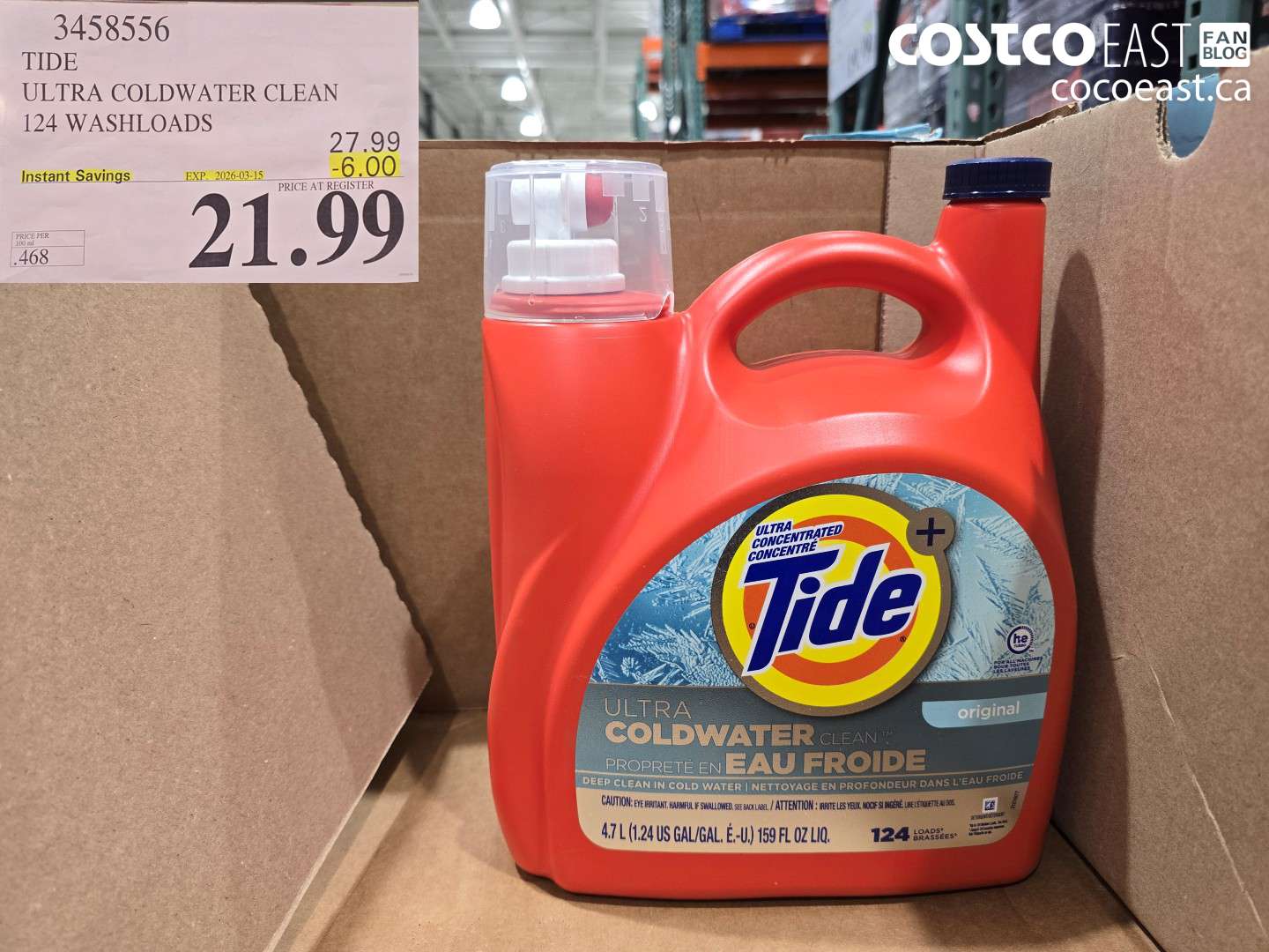 3458556 TIDE ULTRA COLDWATER CLEAN 124 WASHLOADS ($6.00 INSTANT SAVINGS EXPIRES ON 2026-03-15) $21.99