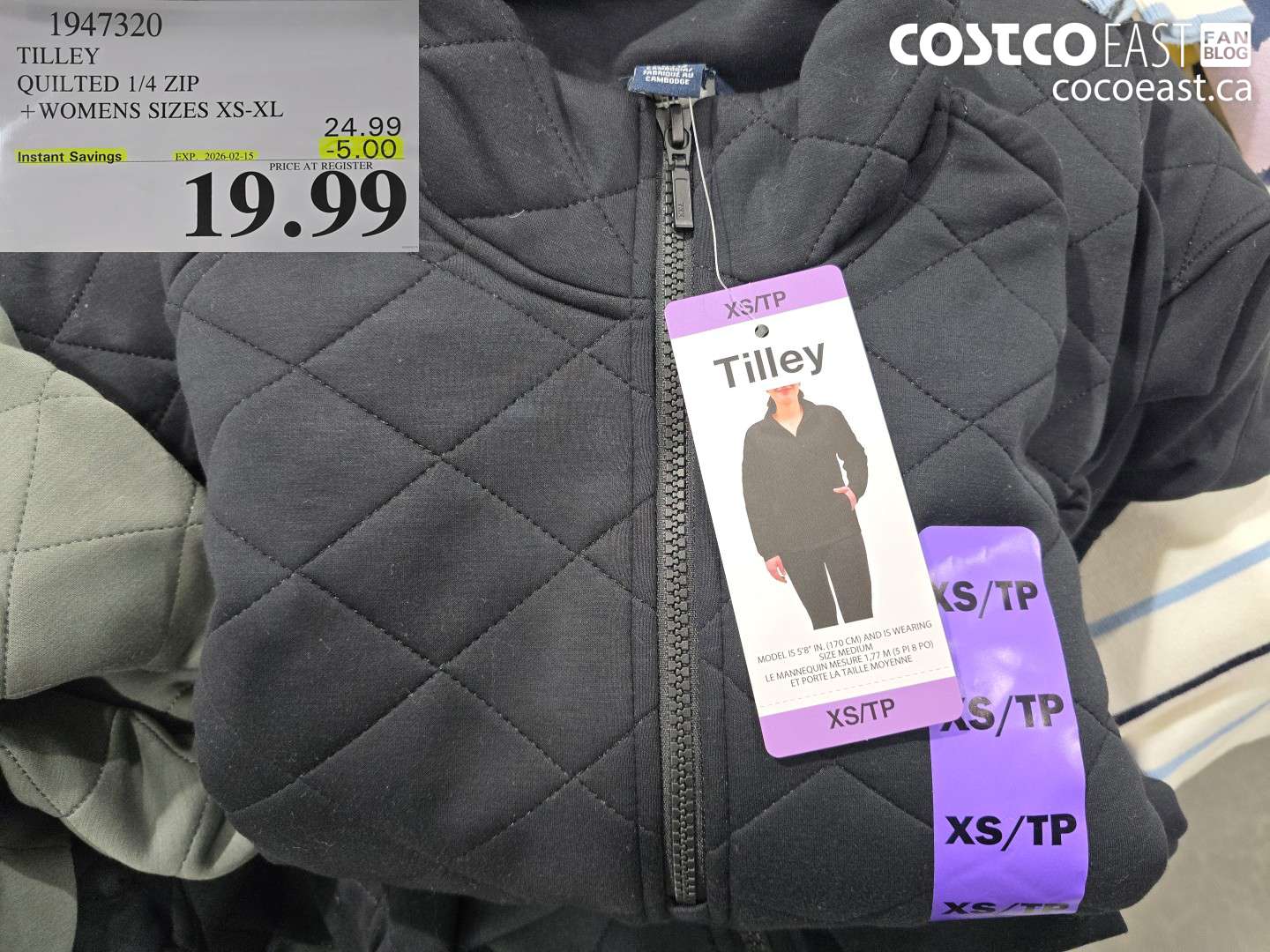 1947320 TILLEY QUILTED 1/4 ZIP + WOMENS SIZES XS-XL ($5.00 INSTANT SAVINGS EXPIRES ON 2026-02-15) $19.99