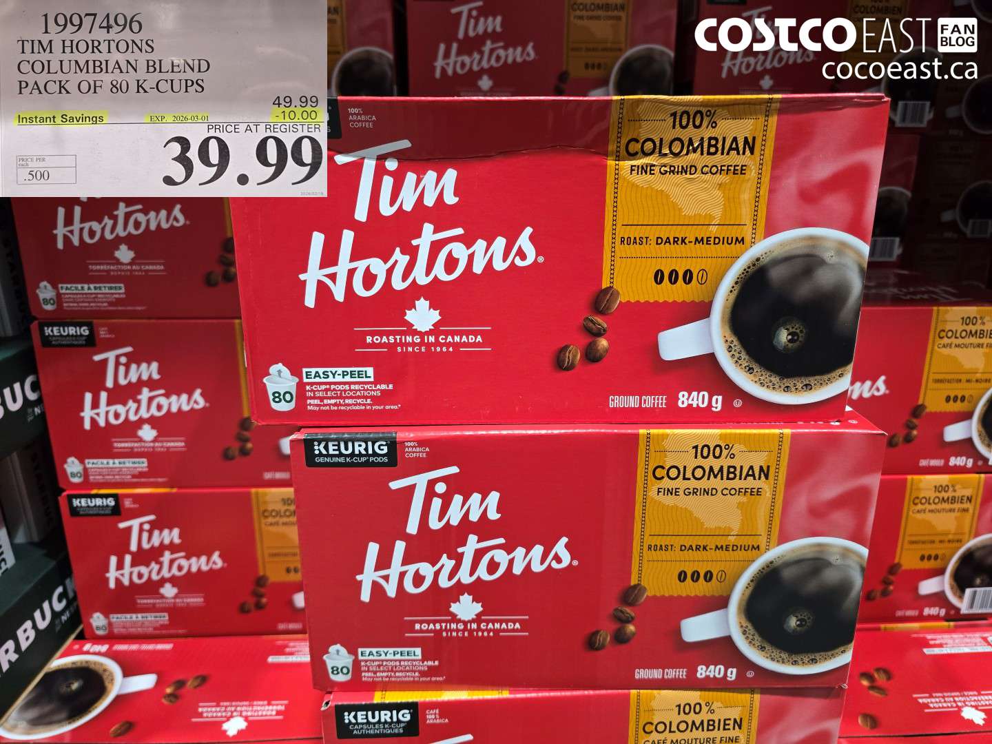 1997496 TIM HORTONS COLUMBIAN BLEND PACK OF 80 K-CUPS ($10.00 INSTANT SAVINGS EXPIRES ON 2026-03-01) $39.99