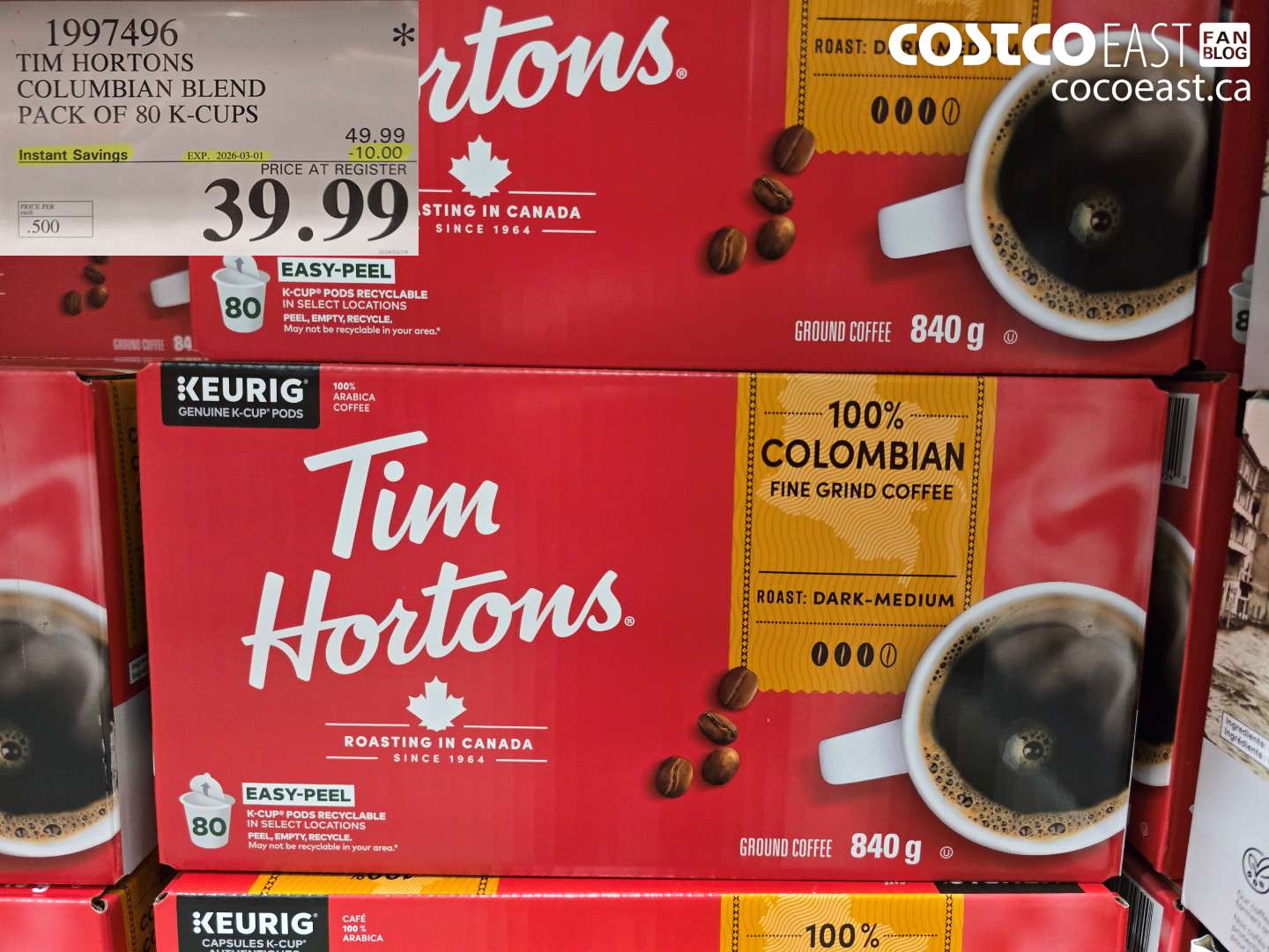 1997496 TIM HORTONS COLUMBIAN BLEND PACK OF 80 K-CUPS ($10.00 INSTANT SAVINGS EXPIRES ON 2026-03-01) $39.99