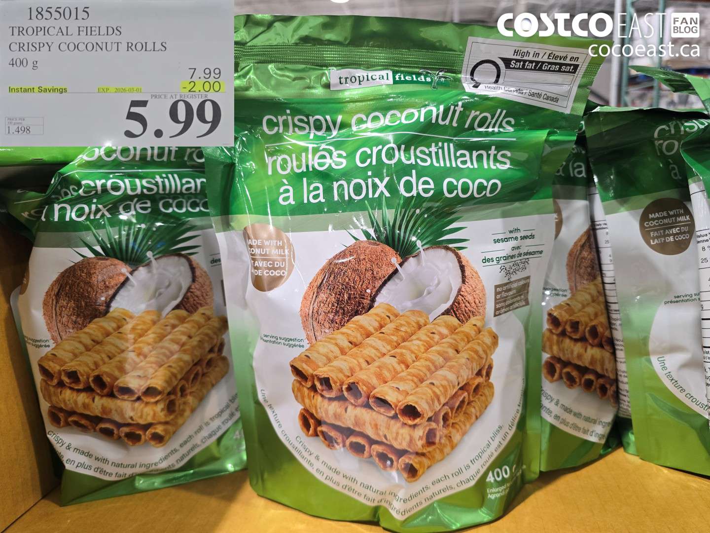 1855015 TROPICAL FIELDS CRISPY COCONUT ROLLS 400 g ($2.00 INSTANT SAVINGS EXPIRES ON 2026-03-01) $5.99