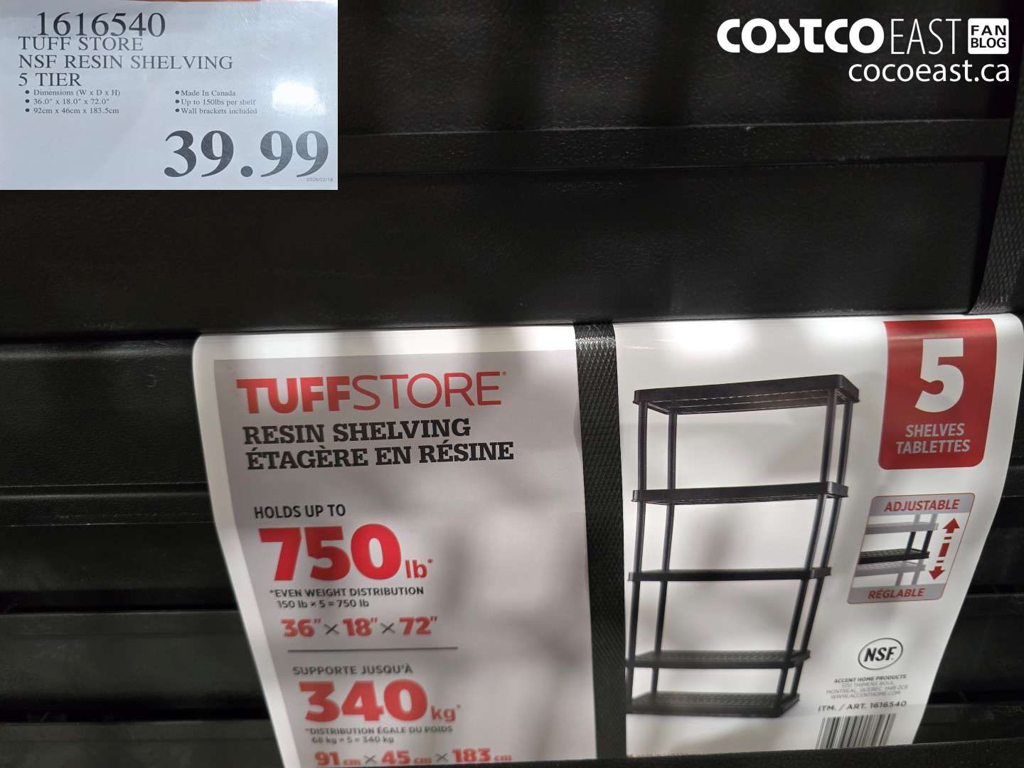 1616540 TUFF STORE NSF RESIN SHELVING 5 TIER $39.99