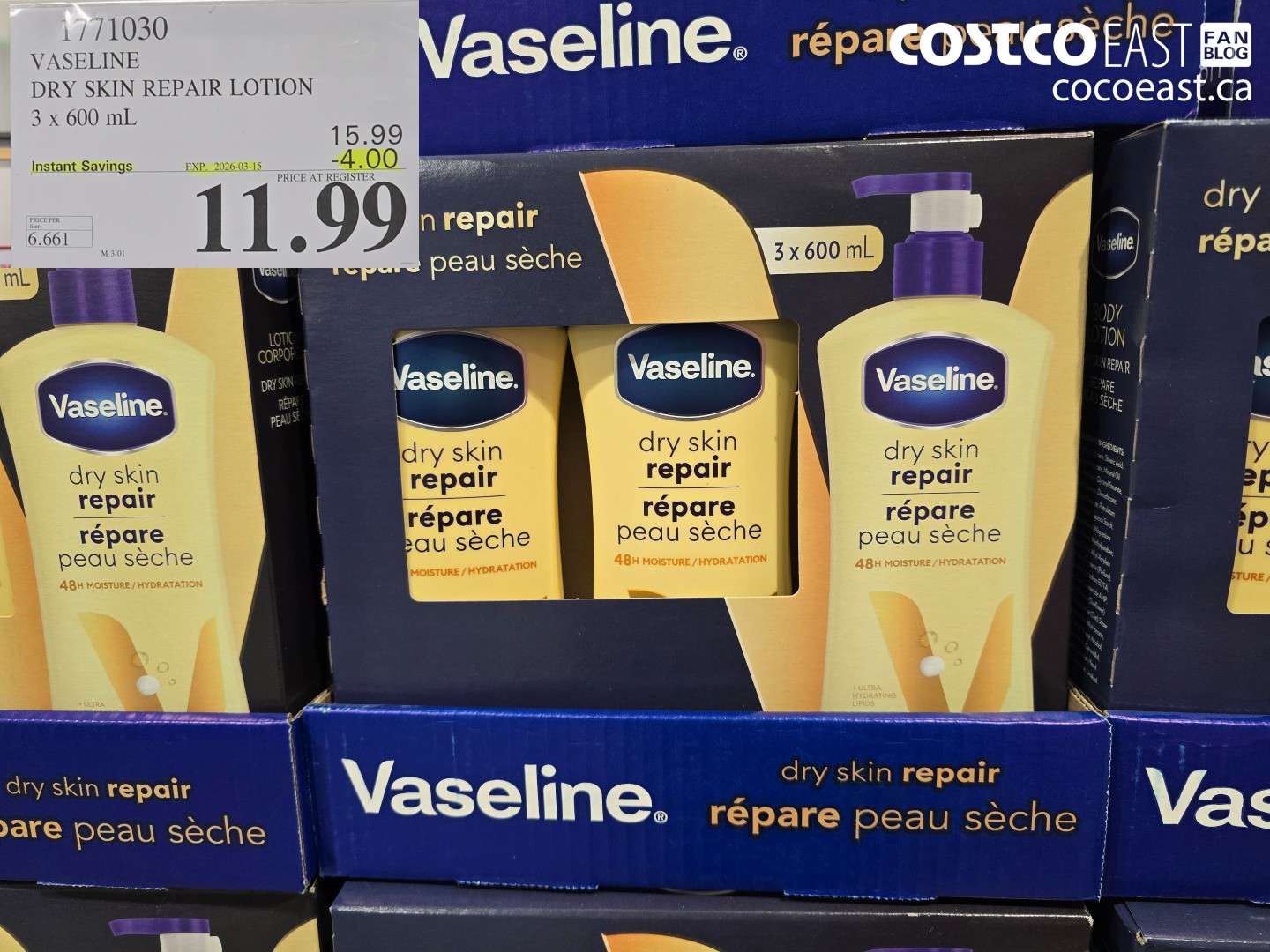 1771030 VASELINE DRY SKIN REPAIR LOTION 3 x 600 ml ($4.00 INSTANT SAVINGS EXPIRES ON 2026-03-15) $11.99
