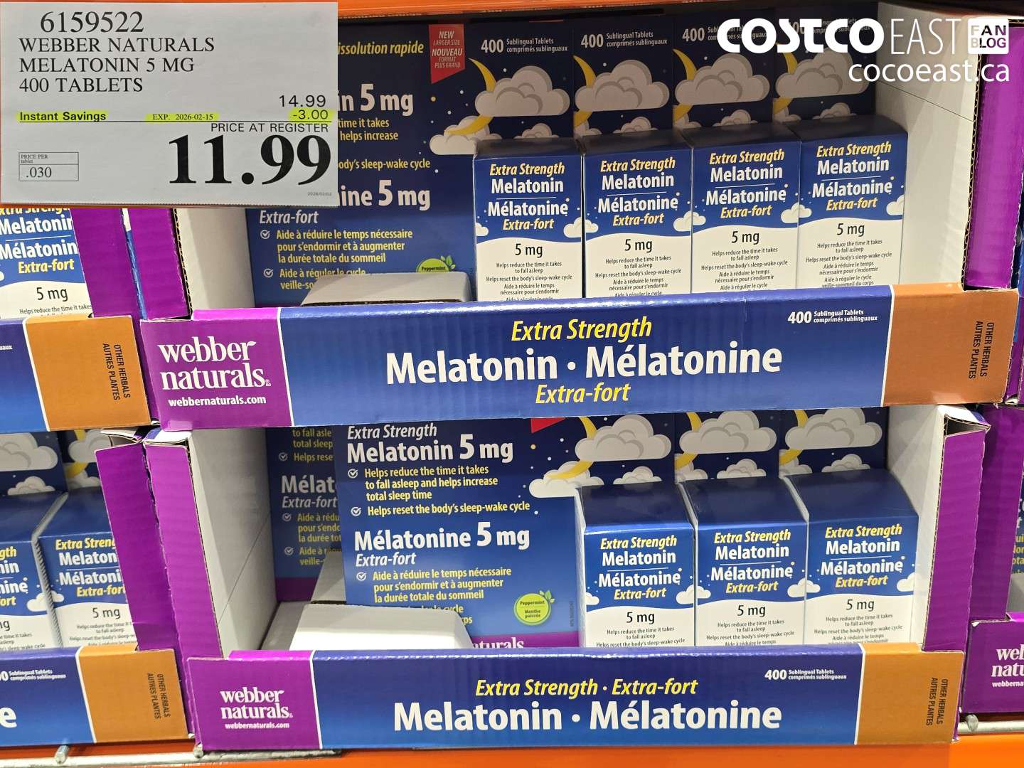 6159522 WEBBER NATURALS MELATONIN 5 MG 400 TABLETS ($3.00 INSTANT SAVINGS EXPIRES ON 2026-02-15) $11.99