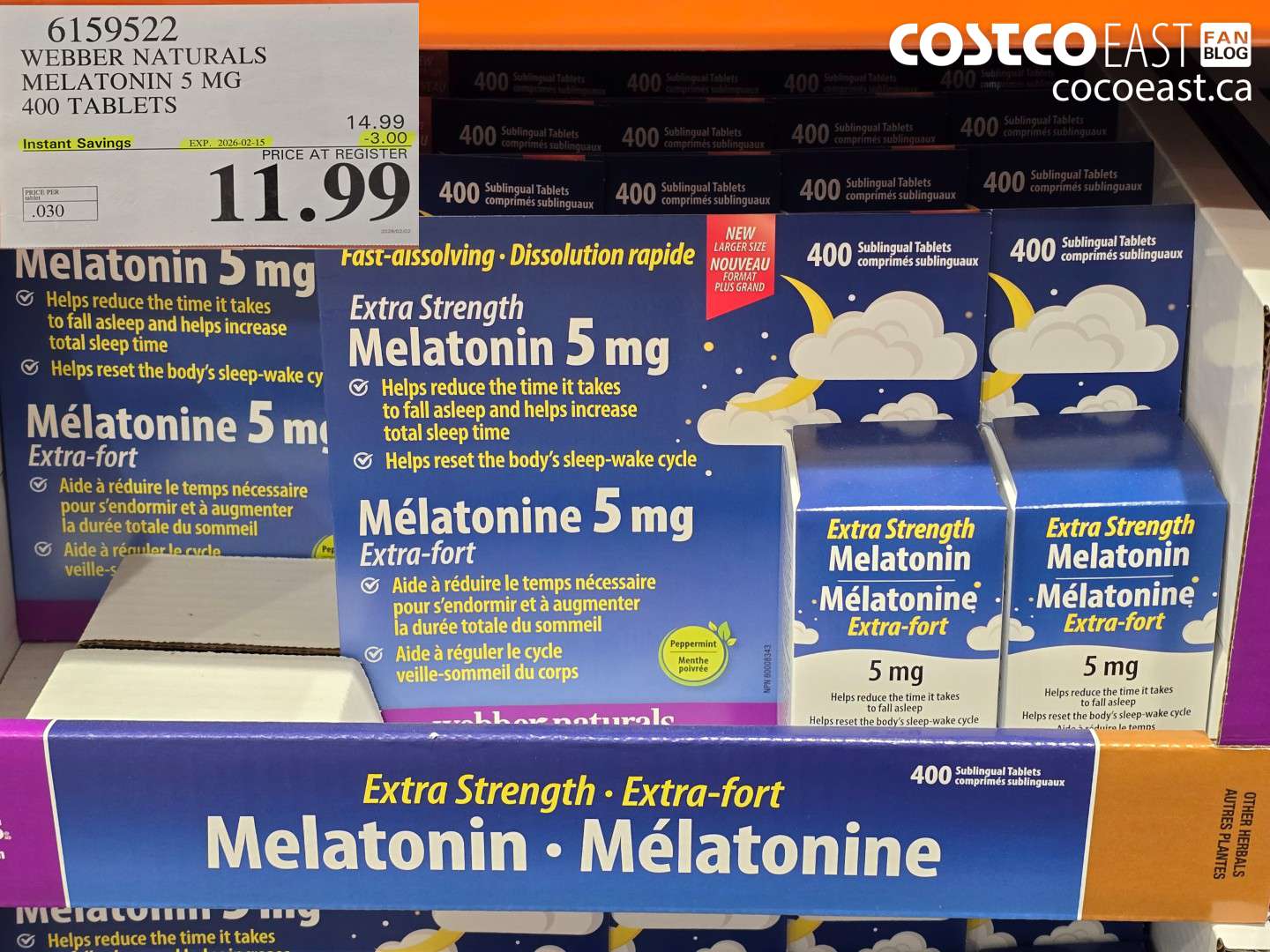 6159522 WEBBER NATURALS MELATONIN 5 MG 400 TABLETS ($3.00 INSTANT SAVINGS EXPIRES ON 2026-02-15) $11.99