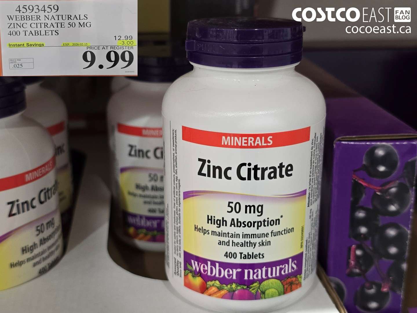 4593459 WEBBER NATURALS ZINC CHELATE 50MG 400 CAPSULES 2026- $9.99- ($3.00 INSTANT SAVINGS)