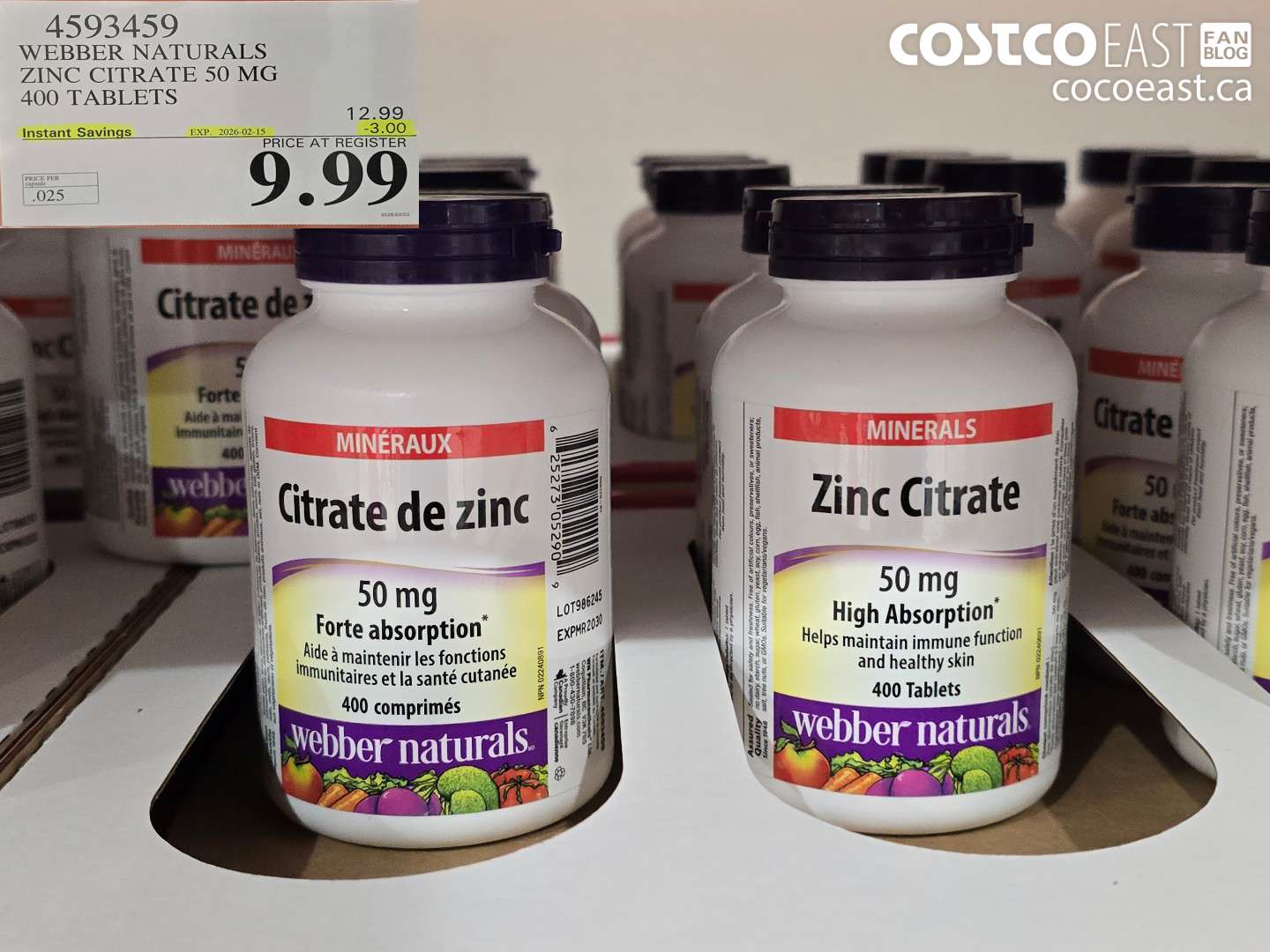 4593459 WEBBER NATURALS ZINC CITRATE 50 MG 400 TABLETS ($3.00 INSTANT SAVINGS EXPIRES ON 2026-02-15) $9.99
