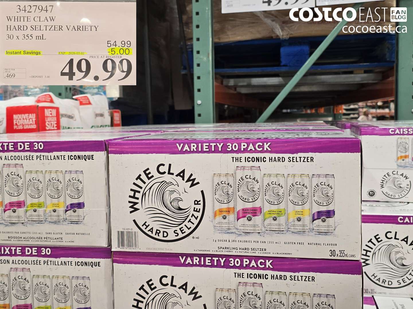 3427947 WHITE CLAW HARD SELTZER VARIETY 30 X 355 ML ($5.00 INSTANT SAVINGS EXPIRES ON 2026-03-01) $49.99