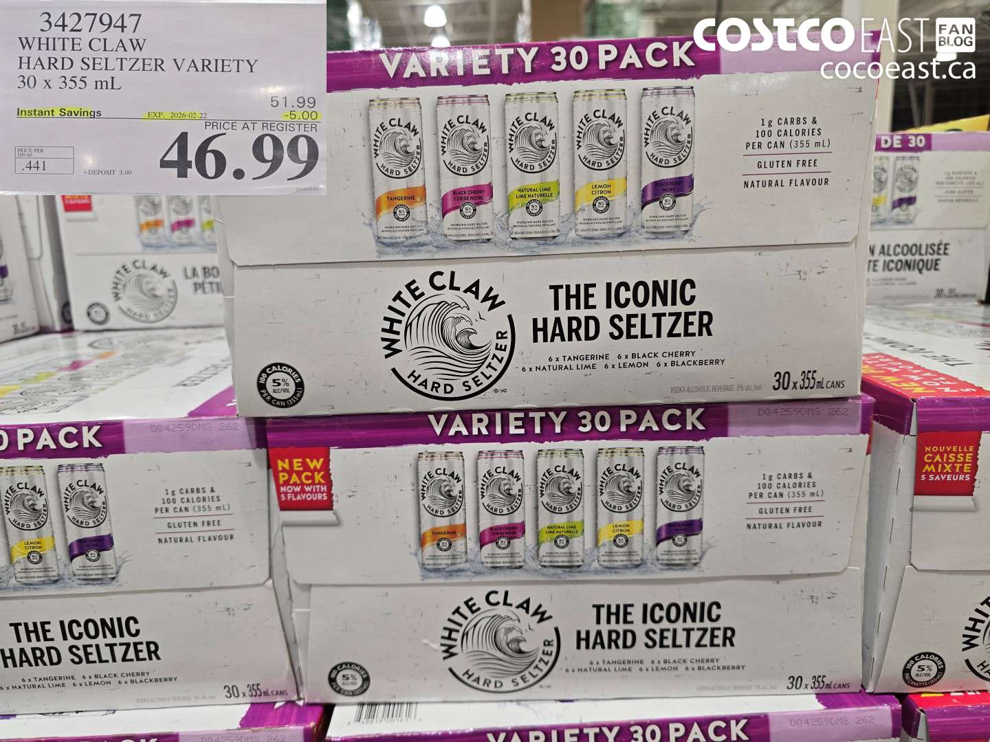3427947 WHITE CLAW HARD SELTZER VARIETY 30 x 355 mL ($5.00 INSTANT SAVINGS EXPIRES ON 2026-02-22) $46.99