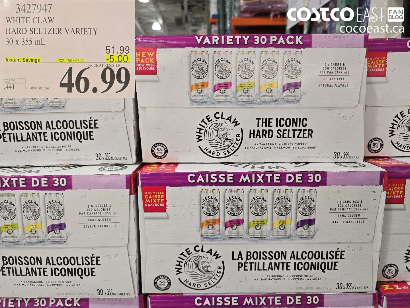 3427947 WHITE CLAW HARD SELTZER VARIETY 30 x 355 mL ($5.00 INSTANT SAVINGS EXPIRES ON 2026-02-22) $46.99