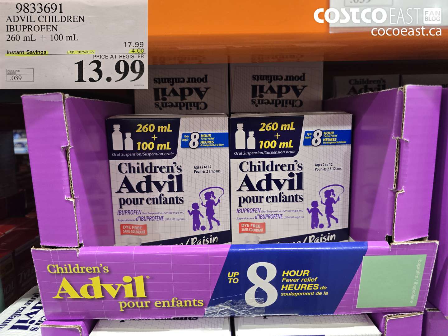 9833691 ADVIL CHILDREN IBUPROFEN 260 ML + 100 ML ($4.00 INSTANT SAVINGS EXPIRES ON 2026-03-29) $13.99