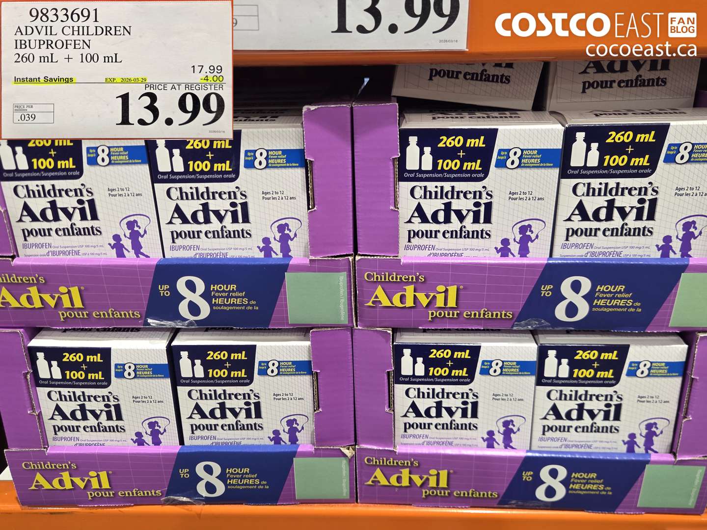 9833691 ADVIL CHILDREN IBUPROFEN 260 ML + 100 ML ($4.00 INSTANT SAVINGS EXPIRES ON 2026-03-29) $13.99