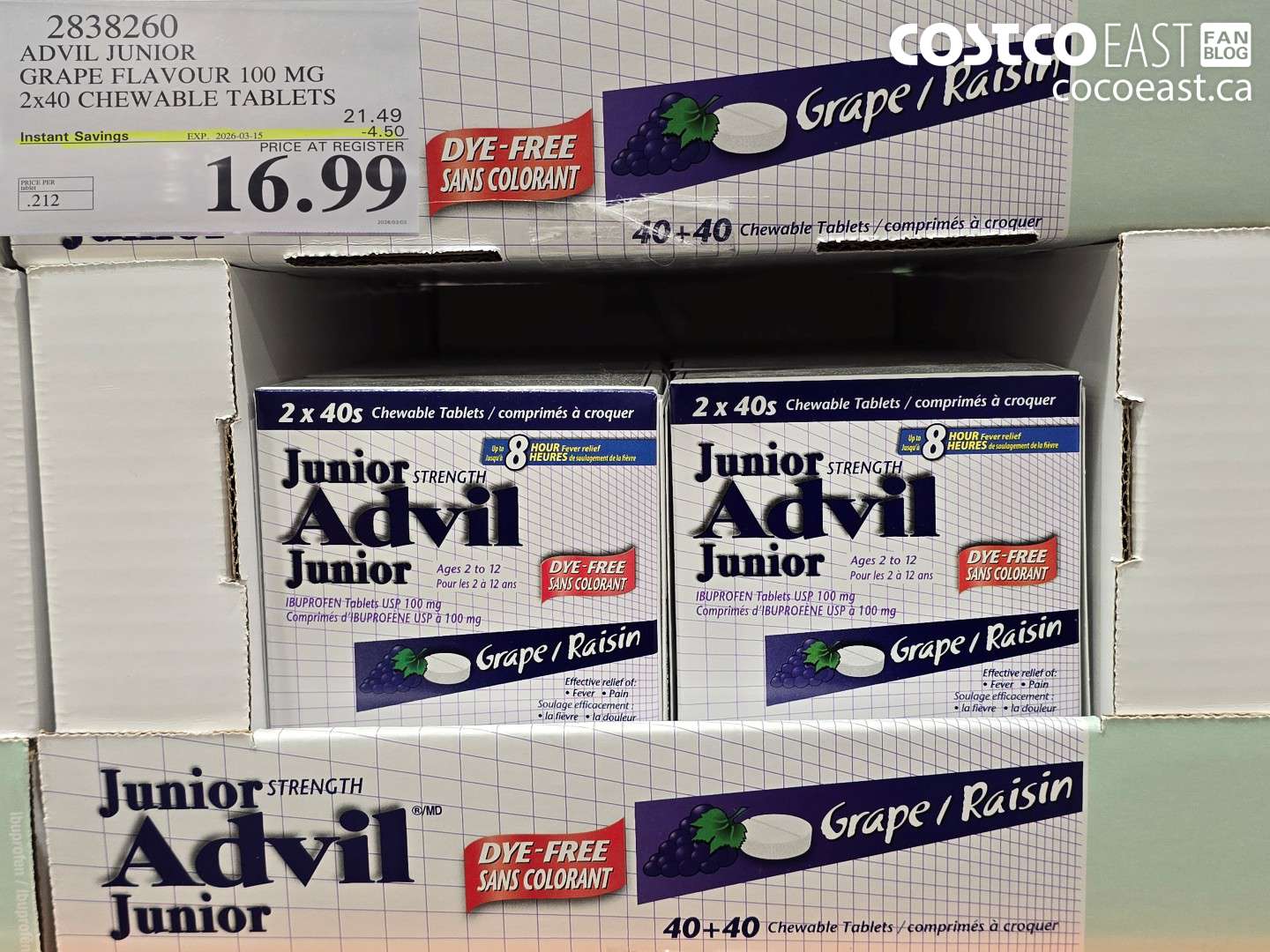 2838260 ADVIL JUNIOR GRAPE FLAVOUR 100 MG 2X40 CHEWABLE TABLETS ($4.50 INSTANT SAVINGS EXPIRES ON 2026-03-15) $16.99