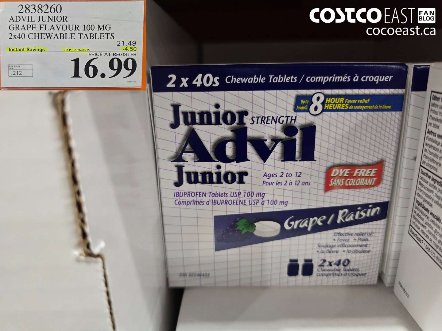 2838260 ADVIL JUNIOR GRAPE FLAVOUR 100 MG 2X40 CHEWABLE TABLETS ($4.50 INSTANT SAVINGS EXPIRES ON 2026-03-15) $16.99