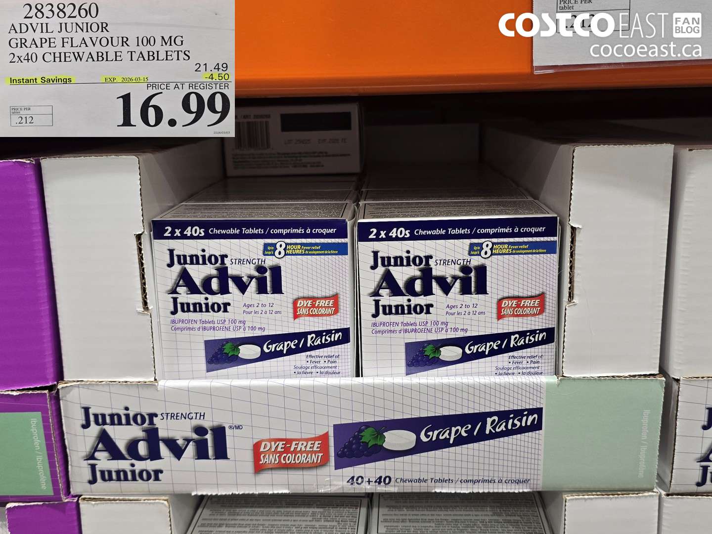 2838260 ADVL JUNIOR GRAPE FLAVOUR 100 MG 2X40 CHEWABLE TABLETS ($4.50 INSTANT SAVINGS EXPIRES ON 2026-03-15) $16.99