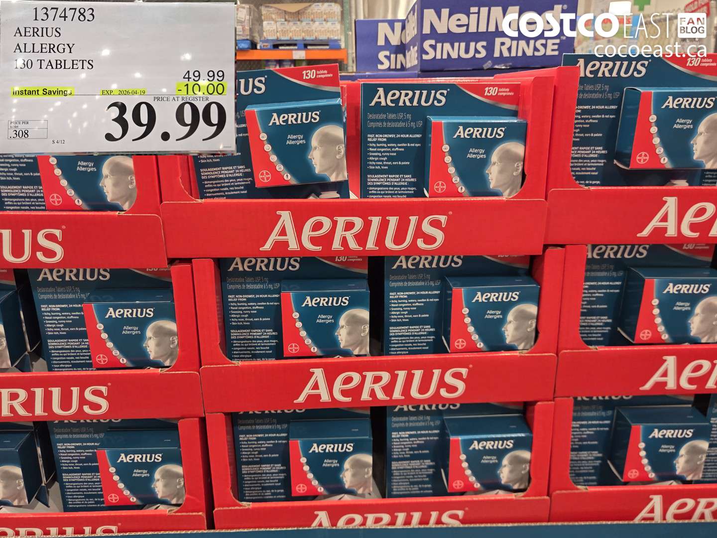 13747483 AERIUS ALLERGY 130 TABLETS ($10.00 INSTANT SAVINGS EXPIRES ON 2026-04-19) $39.99