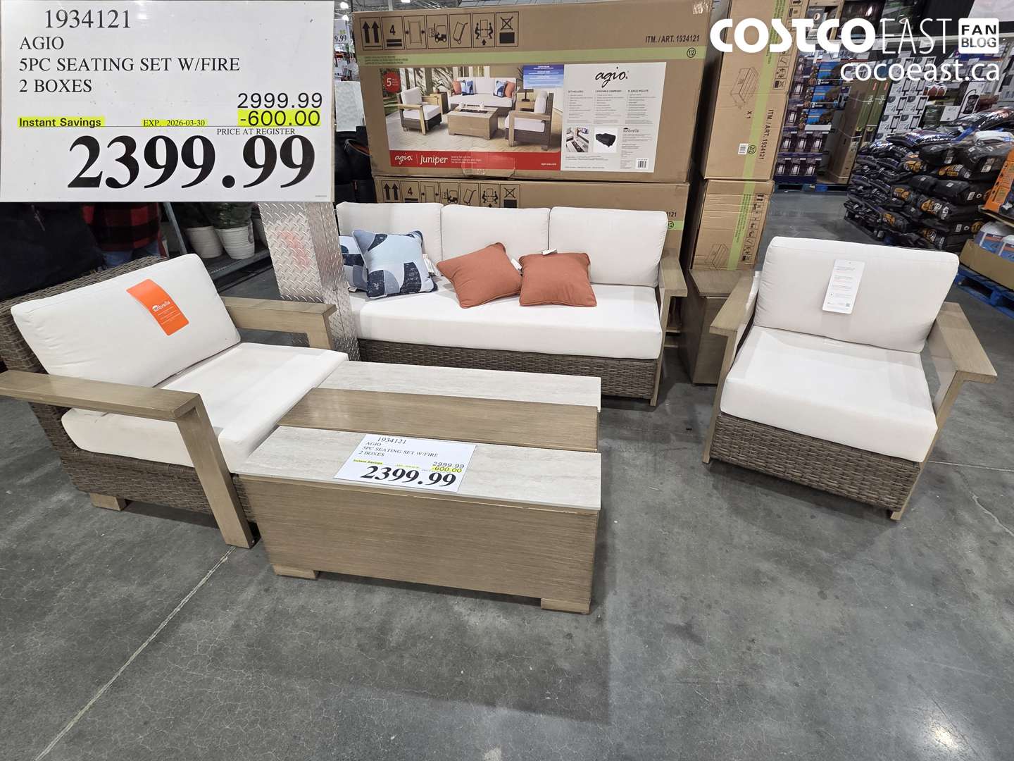 1934121 AGIO 5PC SEATING SET W/FIRE 2 BOXES ($600.00 INSTANT SAVINGS EXPIRES ON 2026-03-30) $2399.99