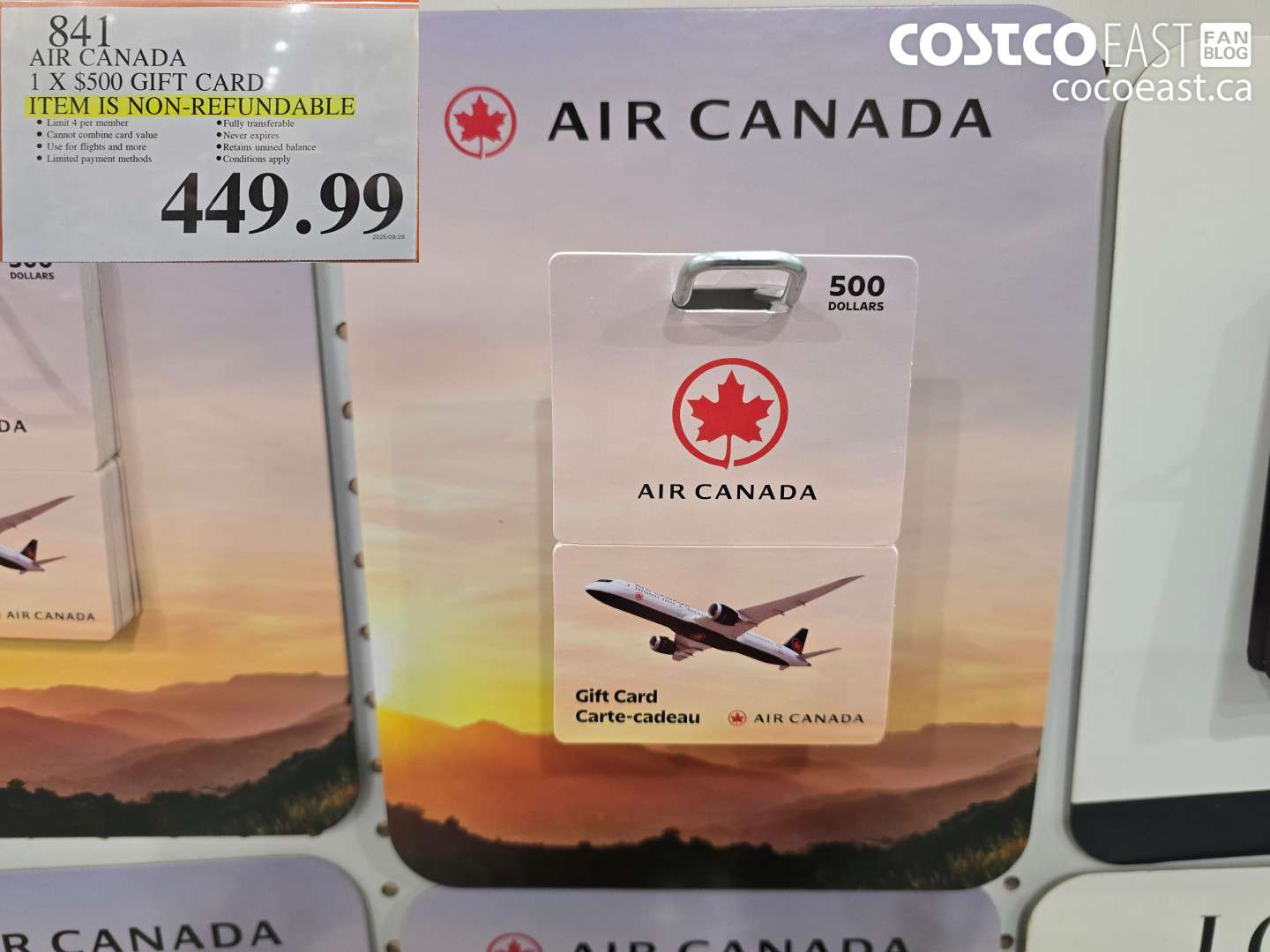 841 AIR CANADA 1 X $500 GIFT CARD $449.99
