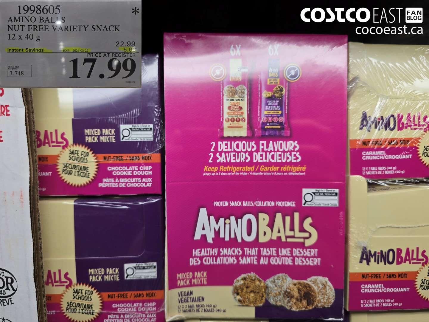 1998605 AMINO BALLS NUT FREE VARIETY SNACK 12 X 40 G ($5.00 INSTANT SAVINGS EXPIRES ON 2026-03-22) $17.99