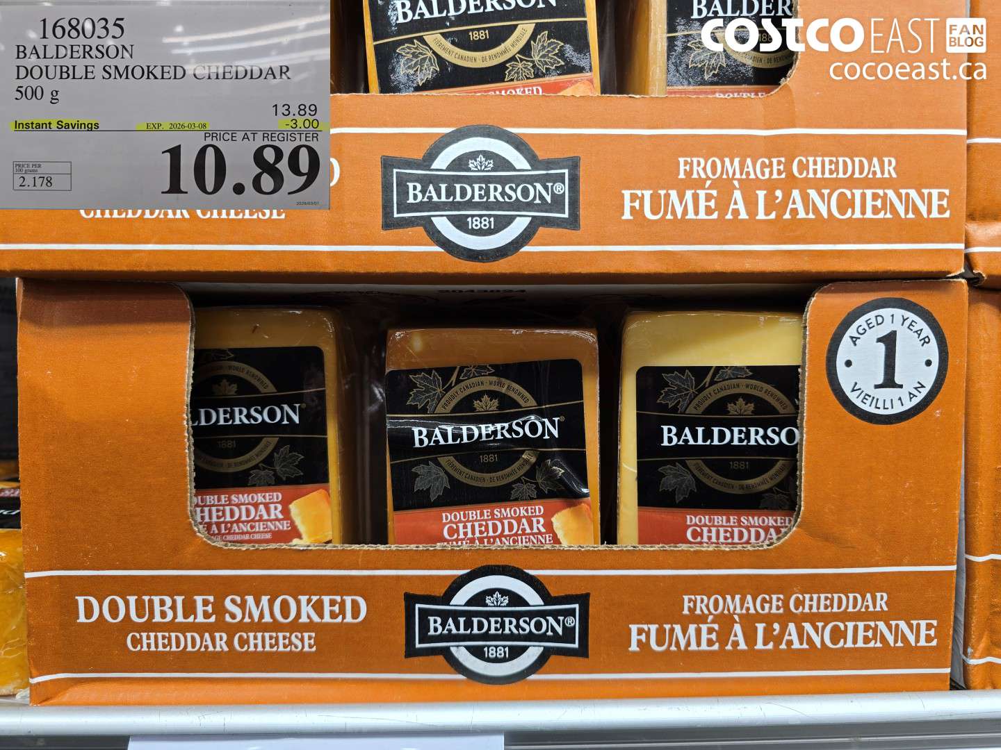 168035 BALDERSON DOUBLE SMOKED CHEDDAR 500 g ($3.00 INSTANT SAVINGS EXPIRES ON 2026-03-08) $10.89