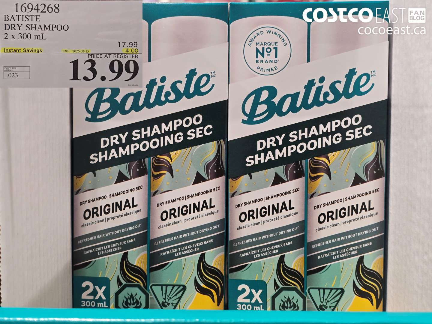 1694268 BATISTE DRY SHAMPOO 2 X 300 ML ($4.00 INSTANT SAVINGS EXPIRES ON 2026-03-15) $13.99