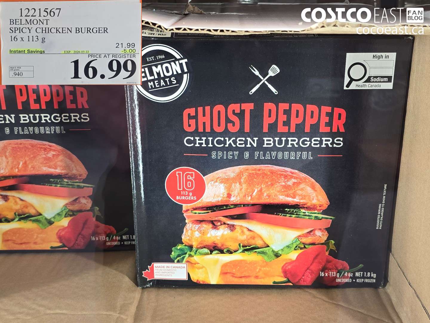 12211567 BELMONT SPICY CHICKEN BURGER 16 X 113 G ($5.00 INSTANT SAVINGS EXPIRES ON 2026-03-22) $16.99