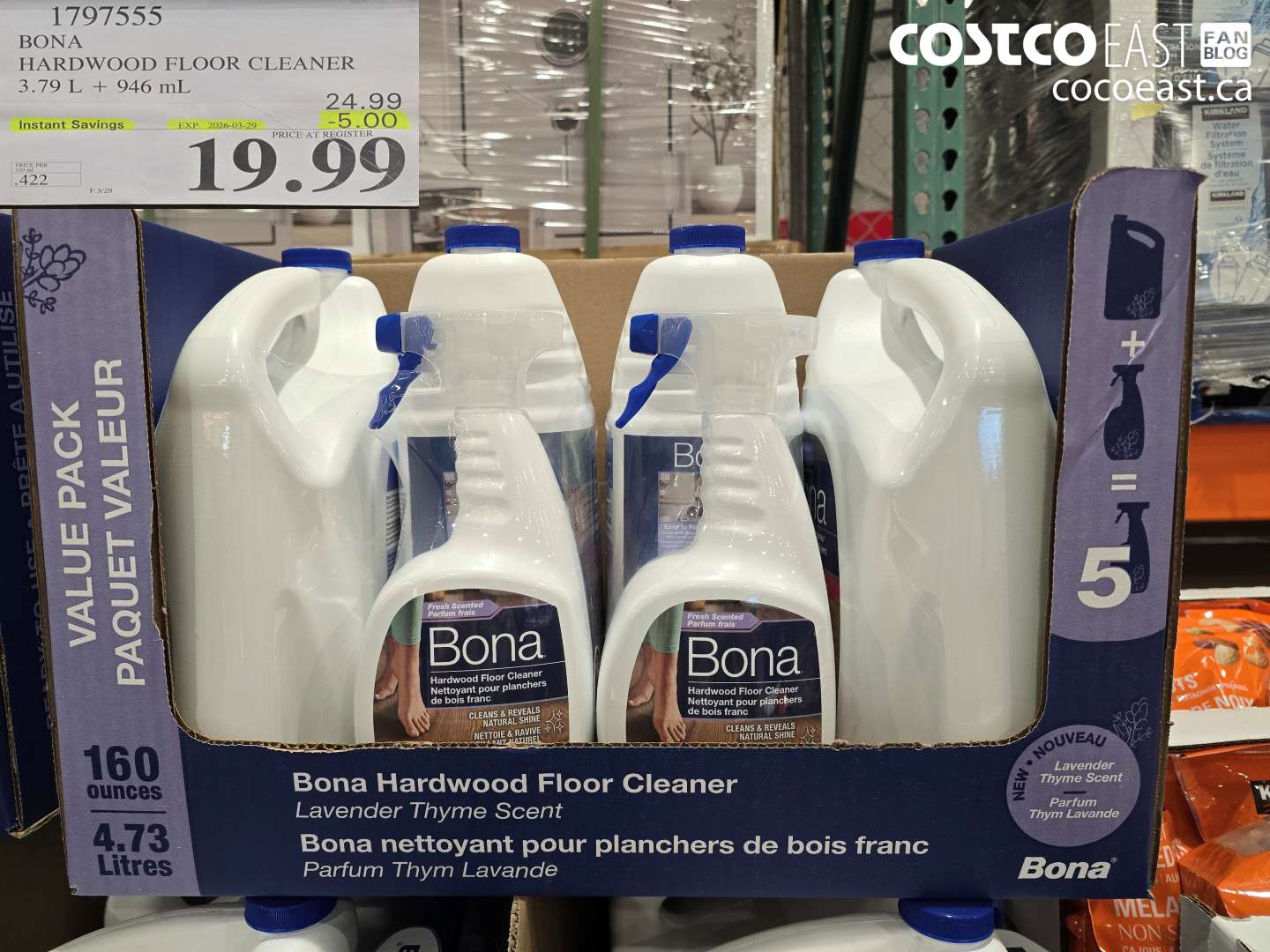 1797555 BONA HARDWOOD FLOOR CLEANER 3.79 L + 946 ML ($5.00 INSTANT SAVINGS EXPIRES ON 2026-03-29) $19.99
