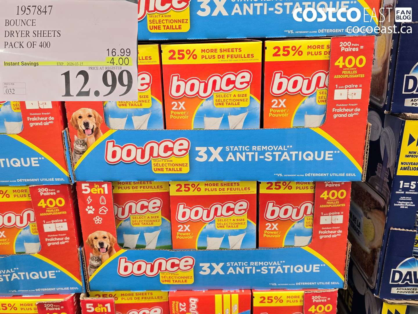1957847 BOUNCE DRYER SHEETS PACK OF 400 ($4.00 INSTANT SAVINGS EXPIRES ON 2026-03-15) $12.99