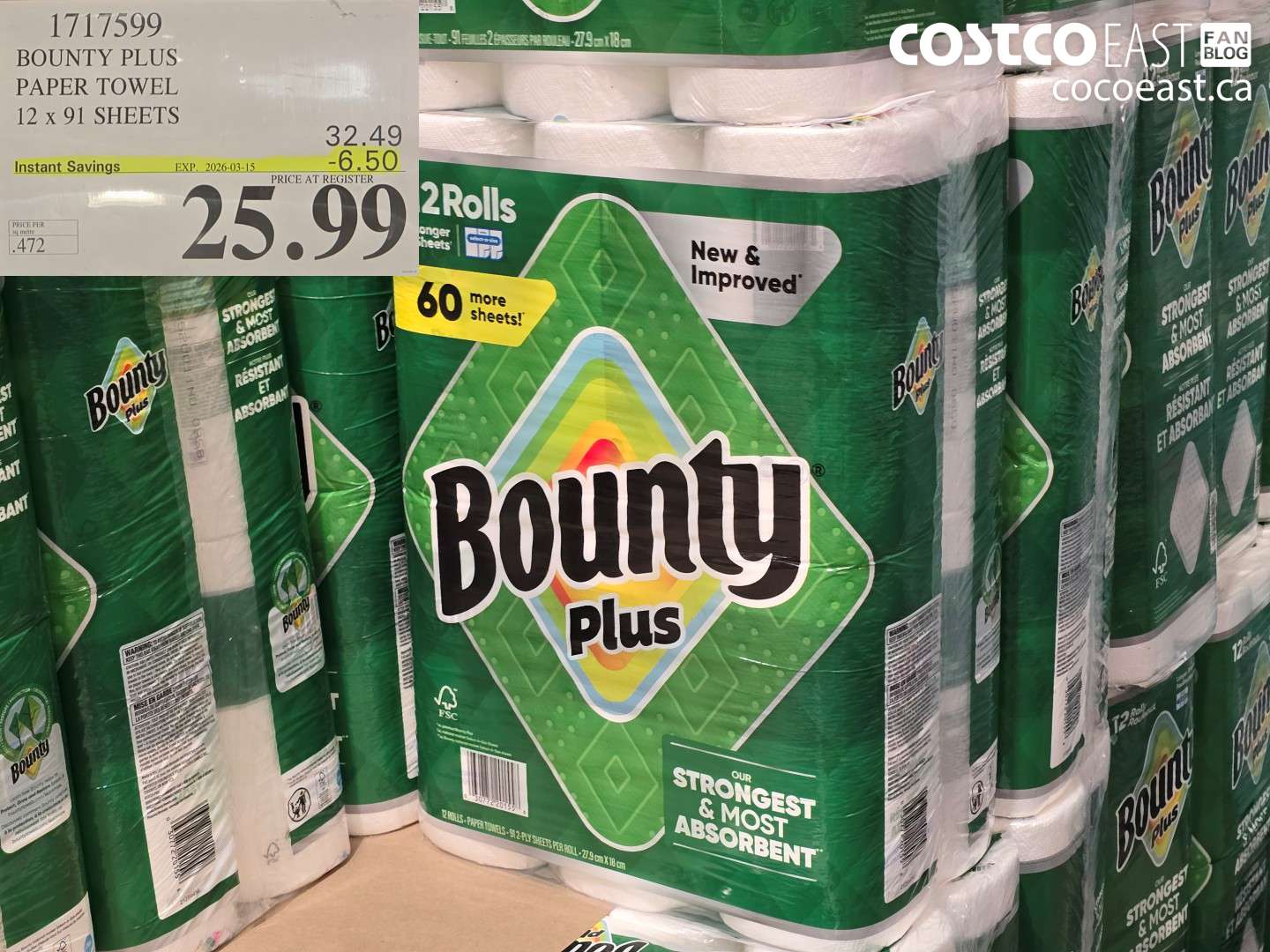 1717599 BOUNTY PLUS PAPER TOWEL 12 X 91 SHEETS ($6.50 INSTANT SAVINGS EXPIRES ON 2026-03-15) $25.99