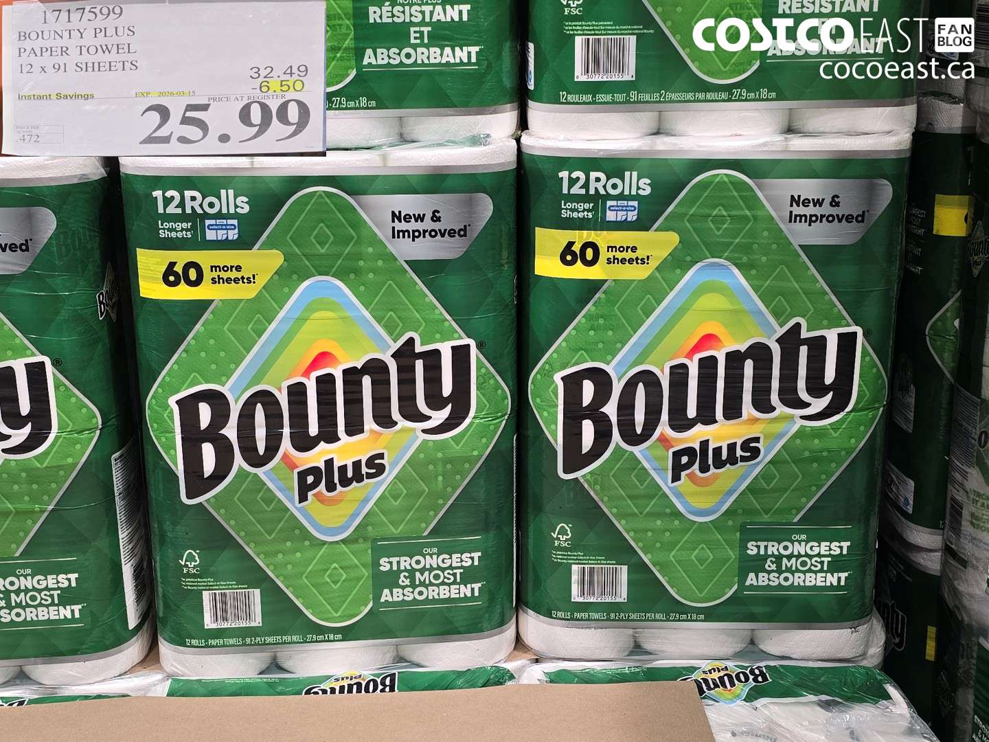 1717599 BOUNTY PLUS PAPER TOWEL 12 X 91 SHEETS ($6.50 INSTANT SAVINGS EXPIRES ON 2026-03-15) $25.99