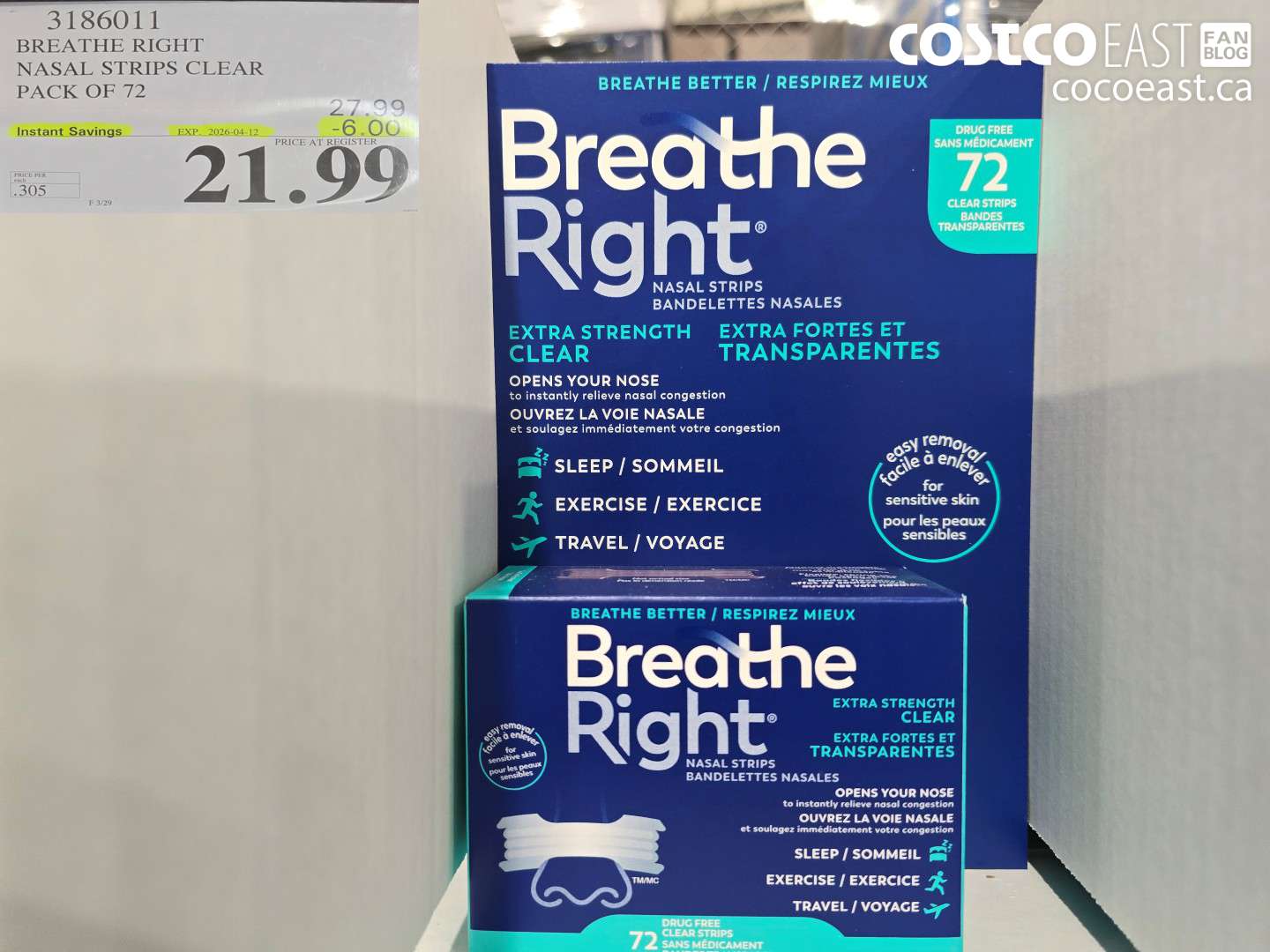 3186011 BREATHE RIGHT NASAL STRIPS CLEAR PACK OF 72 ($6.00 INSTANT SAVINGS EXPIRES ON 2026-04-12) $21.99