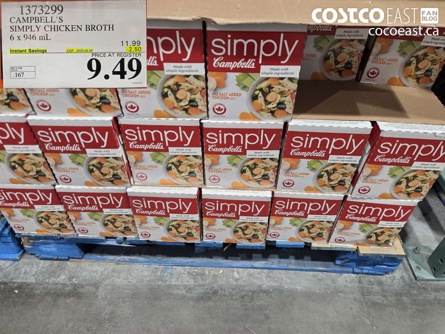 1373299 CAMPBELL'S SIMPLY CHICKEN BROTH 6 X 946 ML ($2.50 INSTANT SAVINGS EXPIRES ON 2026-04-05) $9.49