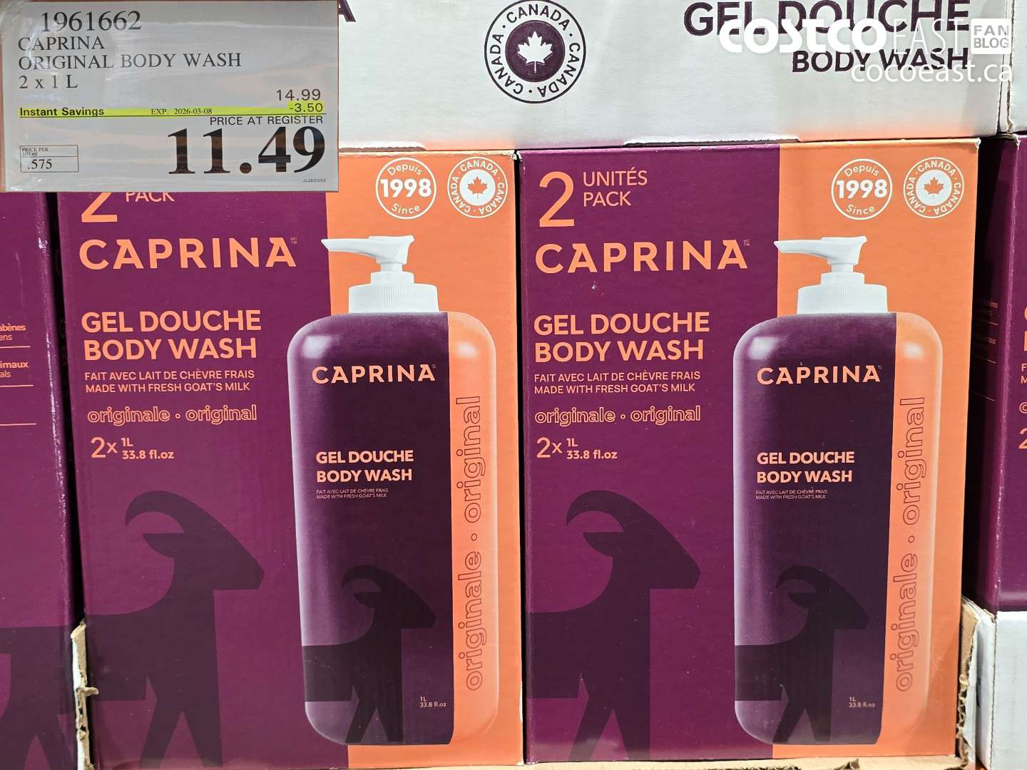 196162 CAPRINA ORIGINAL BODY WASH 2 X 1 L ($3.50 INSTANT SAVINGS EXPIRES ON 2026-03-08) $11.49